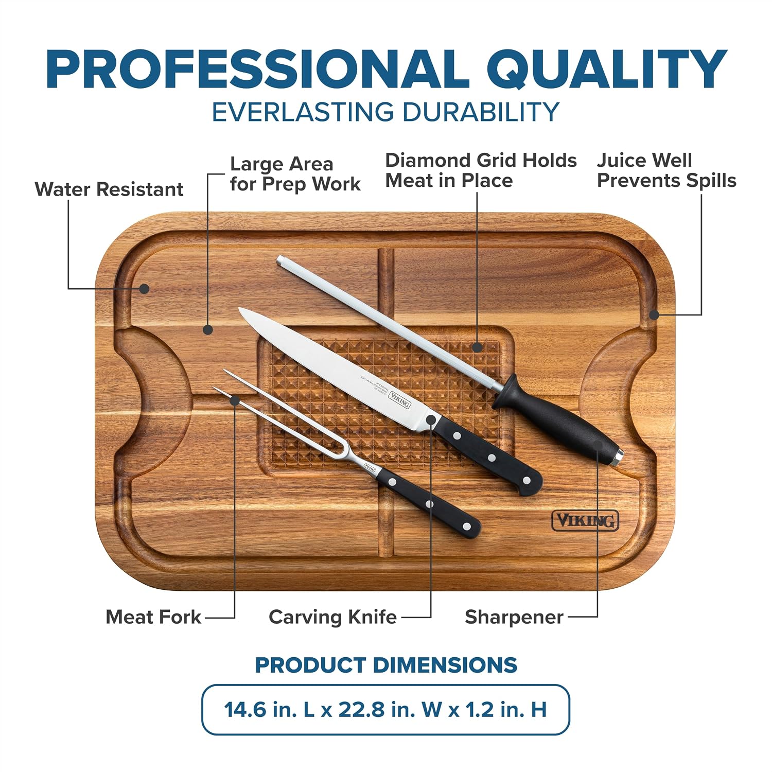 Viking Cutting Board, Acacia Wood Kitchen Butcher Block Carving Board with Juice Groove and Metal Handles, 23 x 14 x 1 Inch