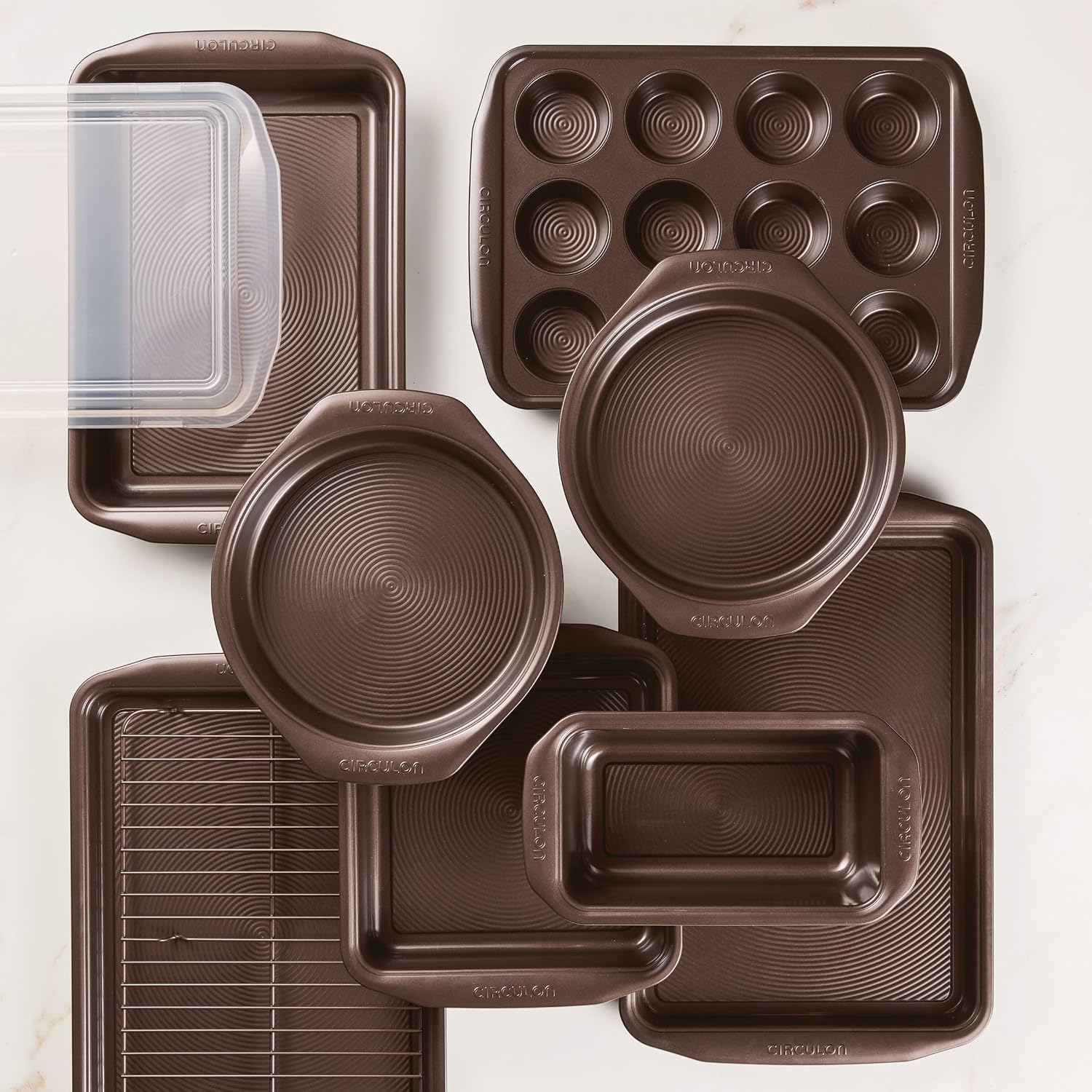 Circulon Nonstick Bakeware Set with Nonstick Cookie Sheet, Bread Pan, Bakings Pan and Cake Pans - 5 Piece, Chocolate Brown