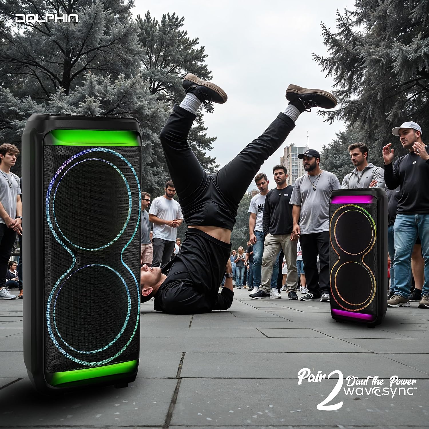 Dolphin Bluetooth Party Speaker with UHF Wireless Microphone, Dual 15" | 100W RMS, X-BASS, WaveSync TWS, LED Lights, USB, TF/SD, AUX, FM
