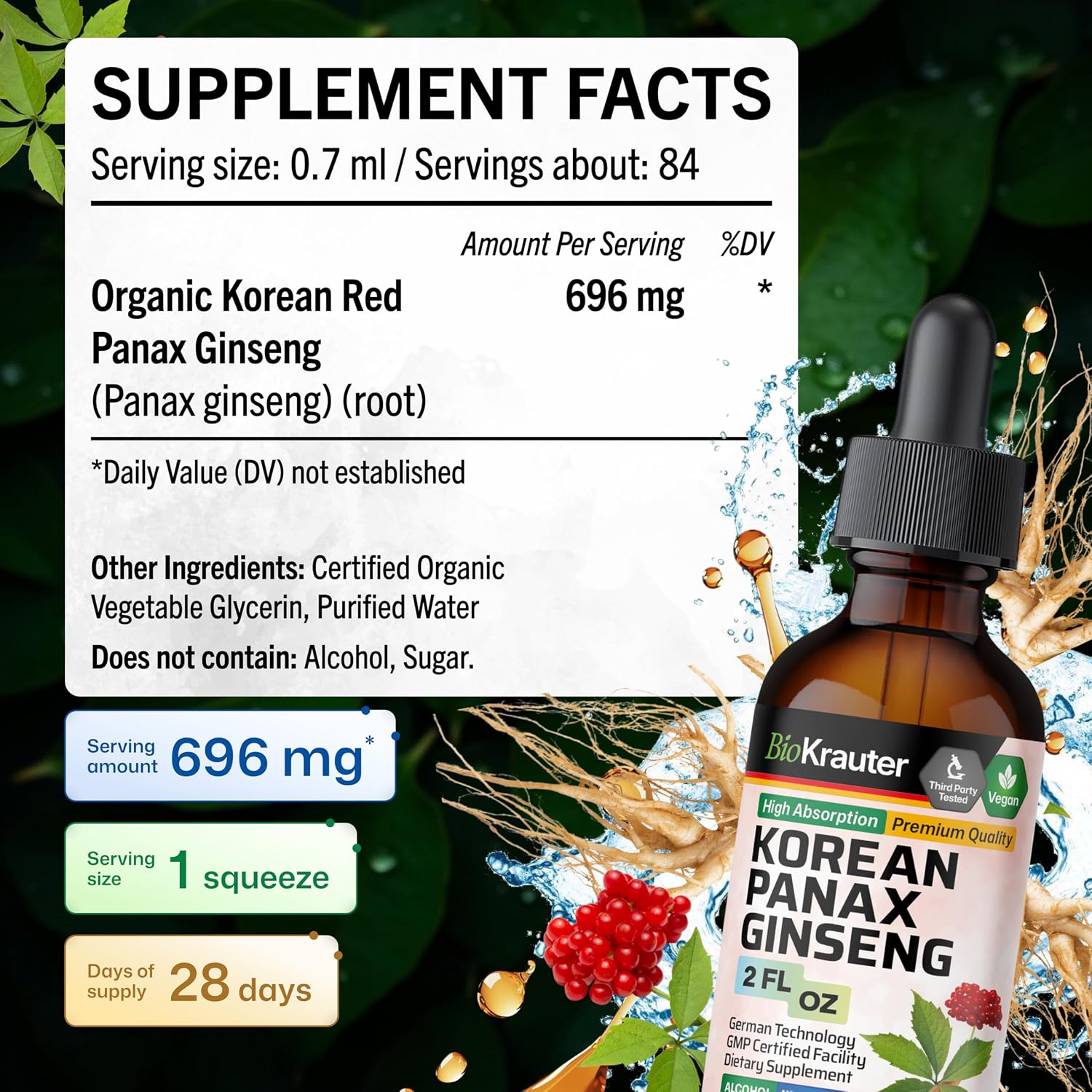 BIO KRAUTER Korean Panax Ginseng Tincture, Immune & Energy Support, 4 Fl.Oz