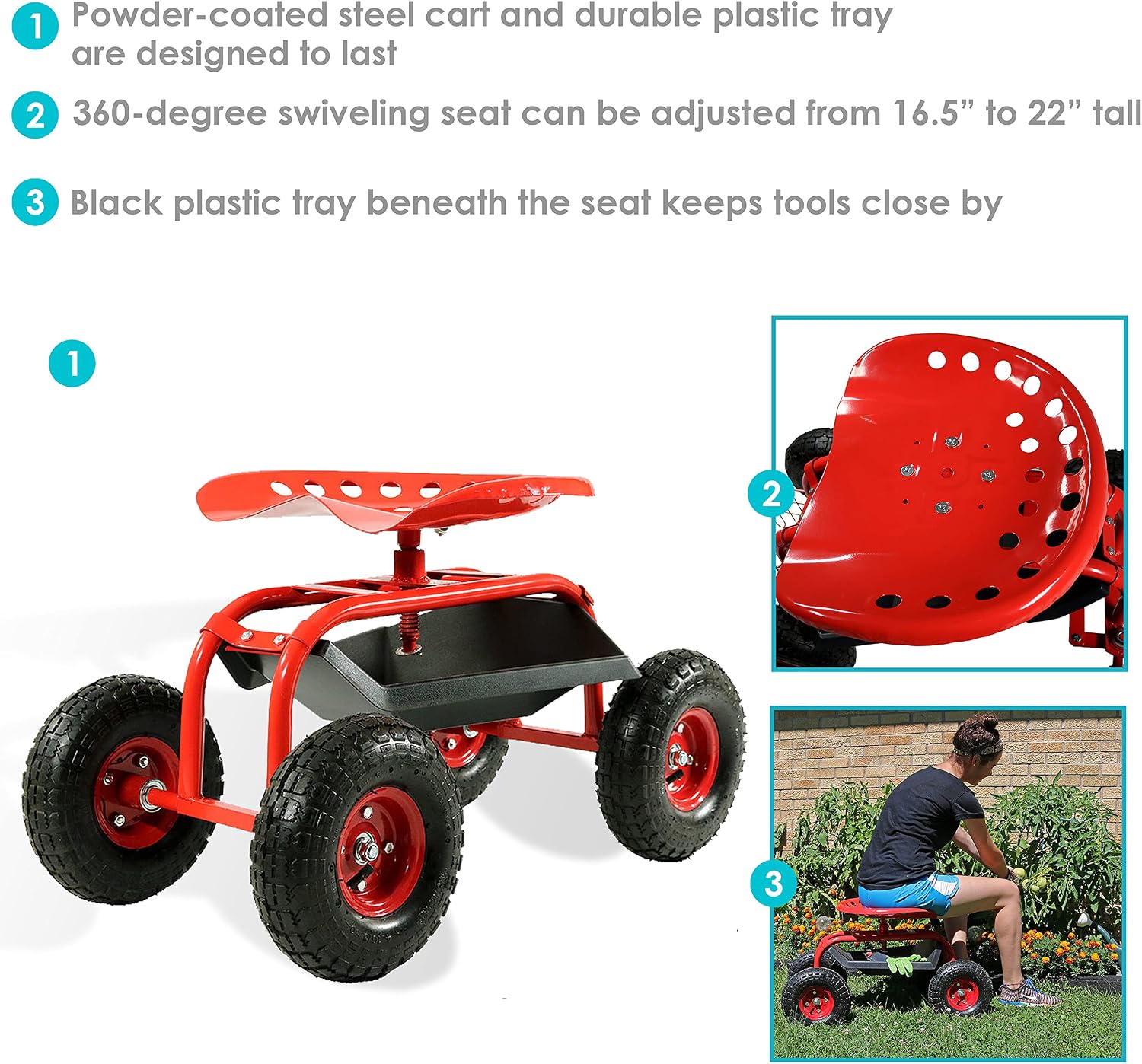 Sunnydaze Rolling Garden Cart with Swivel Seat and Storage, Green | Steel Rolling Gardening Seat with Utility Tray, and Basket for Storage, Rotating, Swiveling Motion