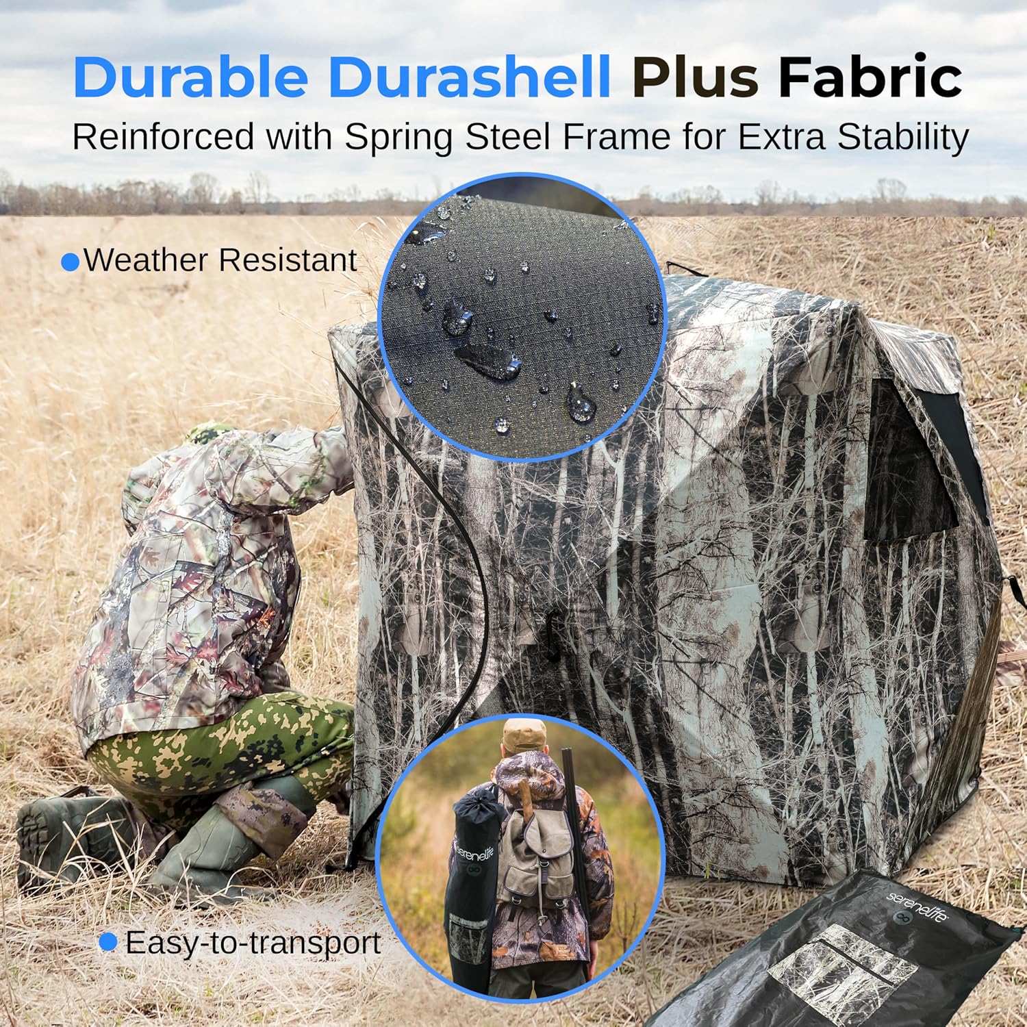 SereneLife Caretaker Ground Hunting Blind – Pop-Up Camouflage Deer Blind w/Dual-Floor Kick-Outs, Water Repellent and UV Treated