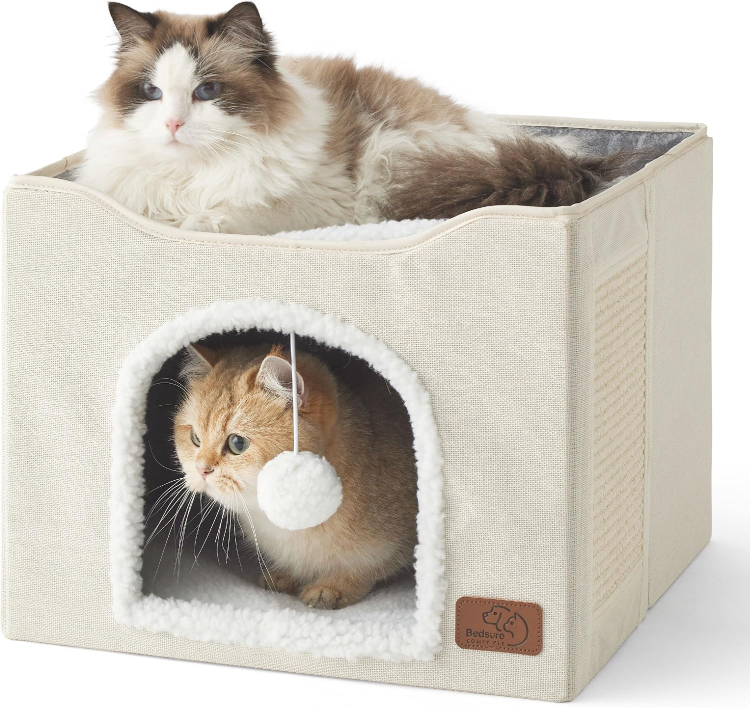 Bedsure Cat House Bed for Indoor Cats with Fluffy Ball and Scratch Pad,Grey