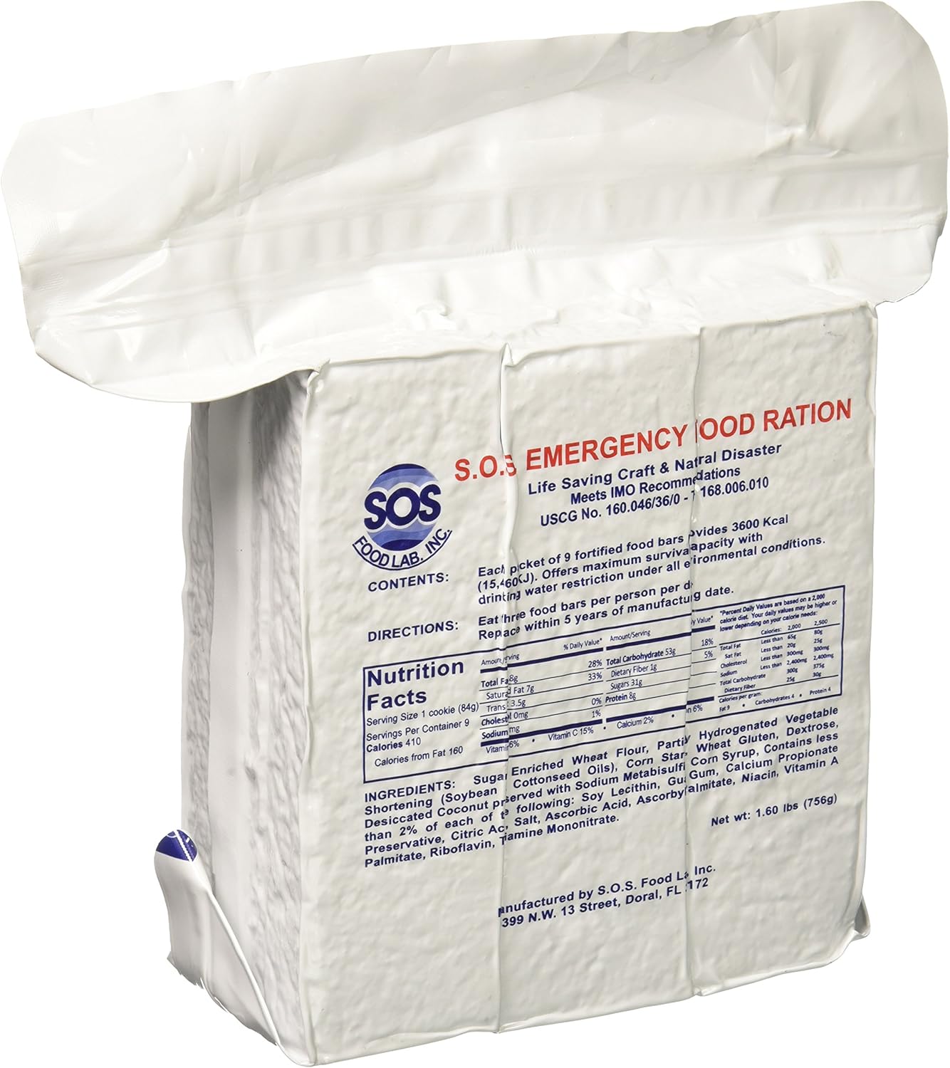 S.O.S. Rations Emergency 3600 Calorie Food Bar - 3 Day / 72 Hour Package with 5 Year Shelf Life Net wt. 1.60lbs (756g)