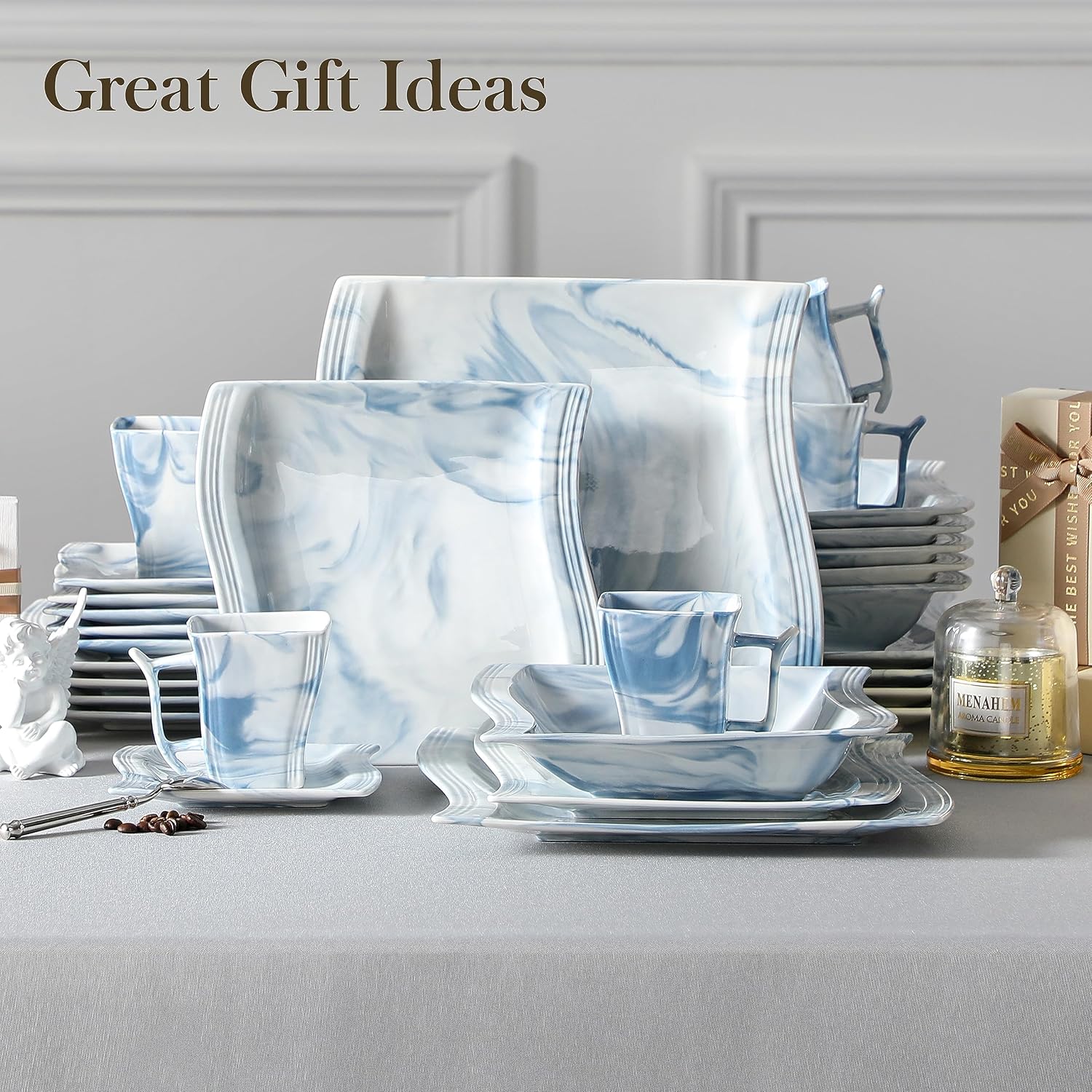 MALACASA Plates and Bowls Sets, 26 Pieces Ivory White Porcelain Dinnerware Sets without Mugs, Square Dinnerware with Dinner Plates, Bowls and Serving Platters, Modern Dish Set for 6, Series Flora