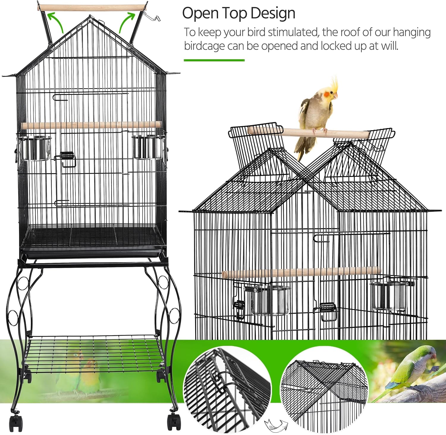 Yaheetech 57" Open Top Bird Cage with Detachable Rolling Stand & Storage Shelf, Parrot Cage for Cockatiels, Quaker, Conures
