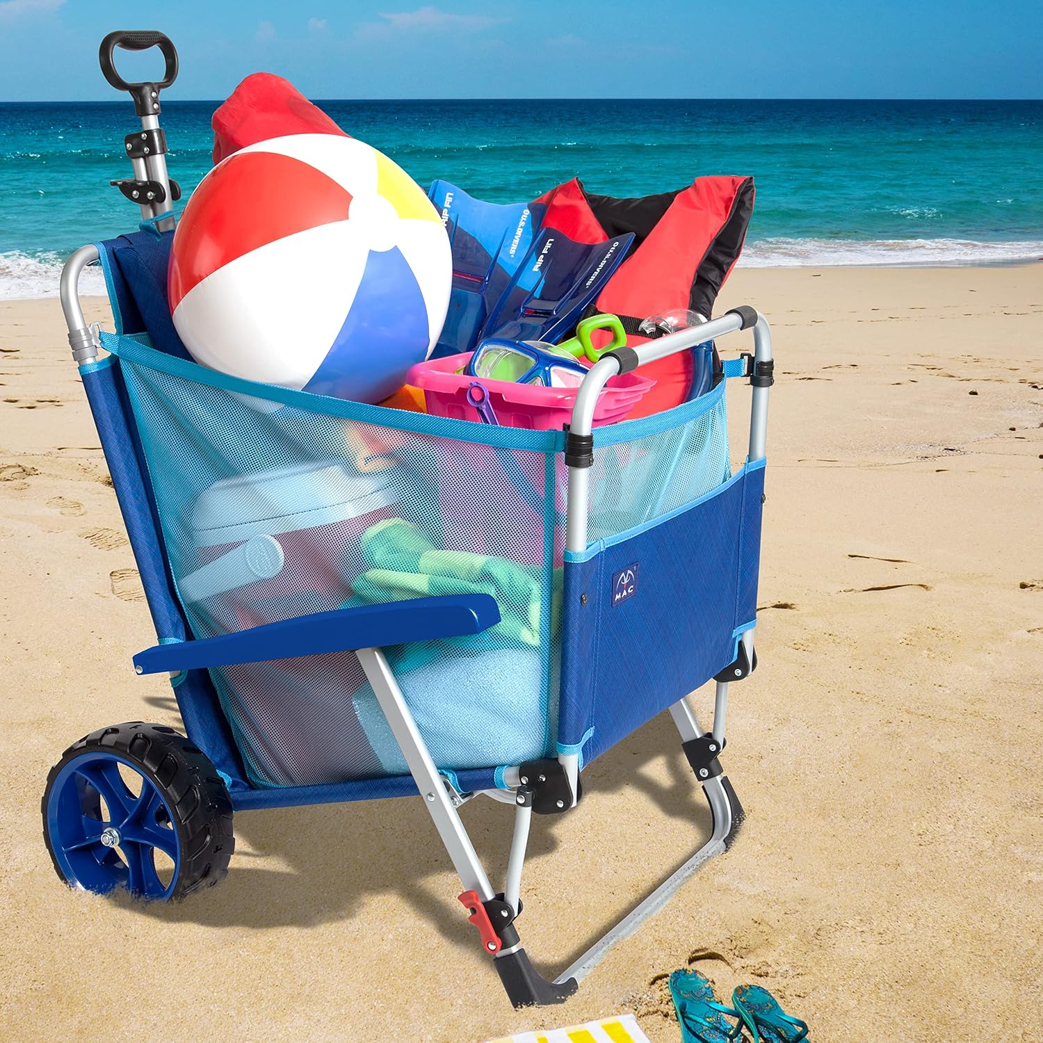 Mac Sports Beach Day Foldable Chaise Lounge Chair with Integrated Wagon Pull Cart Combination and Heavy Wheels - Perfect for Beach, Backyard