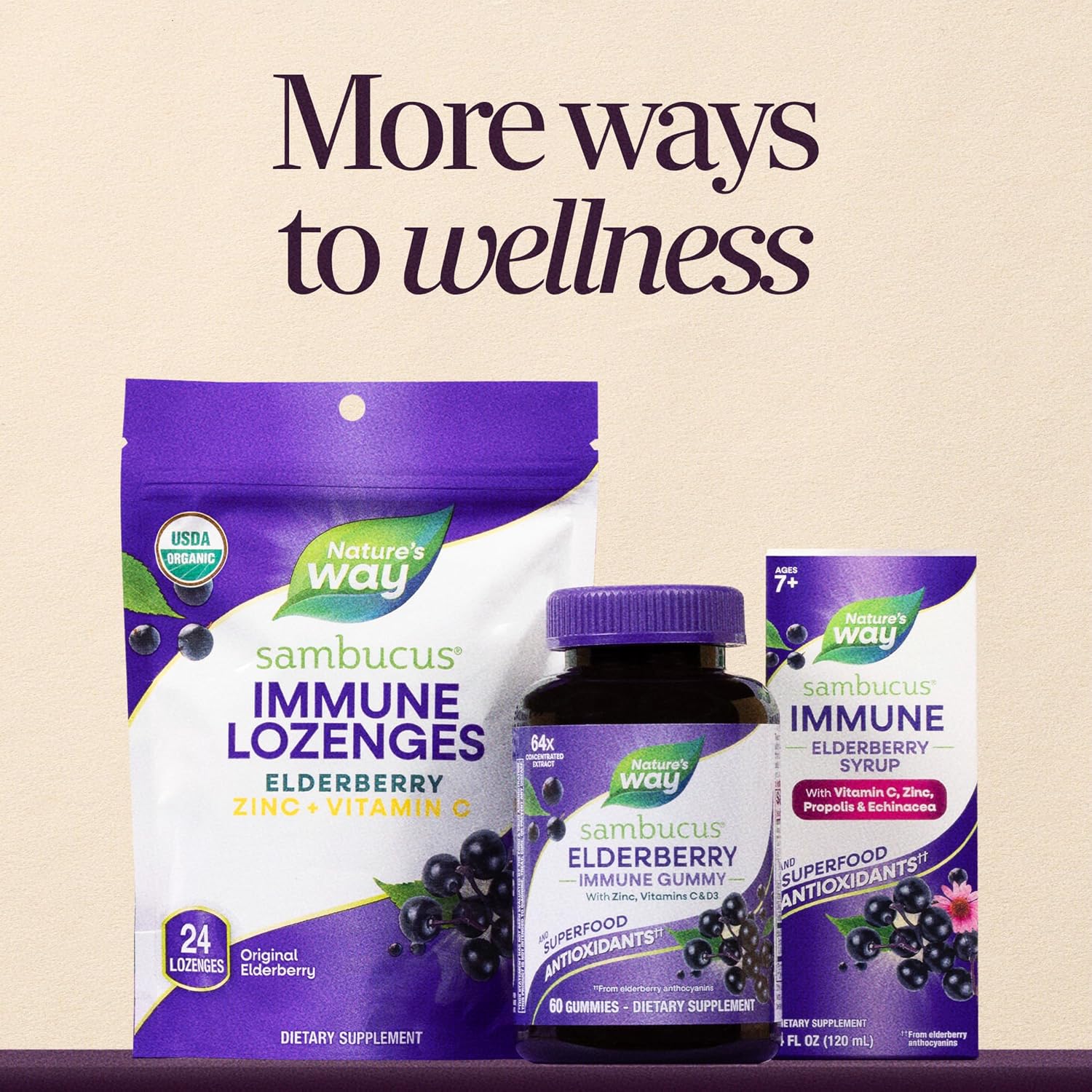 Nature's Way Sambucus Elderberry Gummies for Immune Support* Ages 4+, 60 ct | Immune Gummy with Black Elderberry Extract, Vitamin C, D3, Zinc