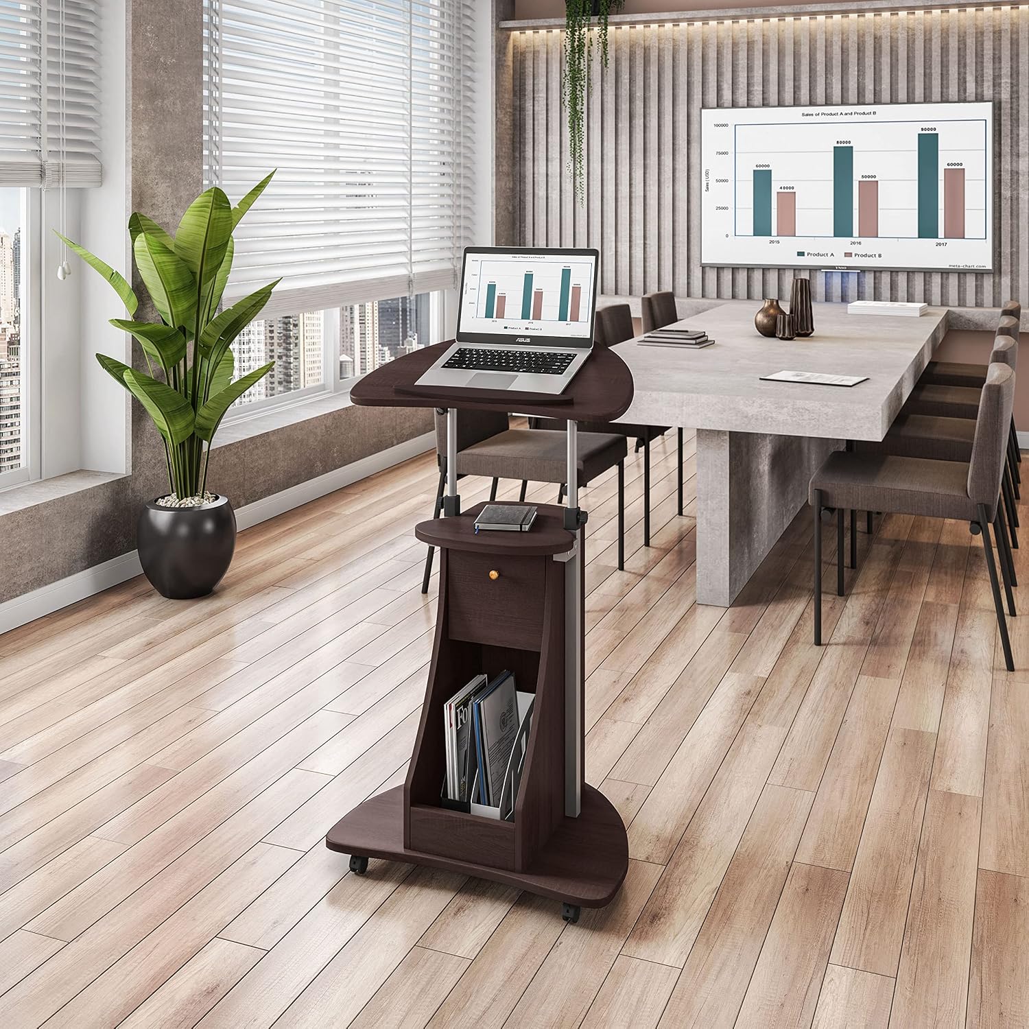Techni Mobili Adjustable Height Rolling Laptop Cart with Storage, Graphite | Adjustable height rolling laptop cart with storage drawer, open shelf, wheels, sit‑stand design for office or medical use