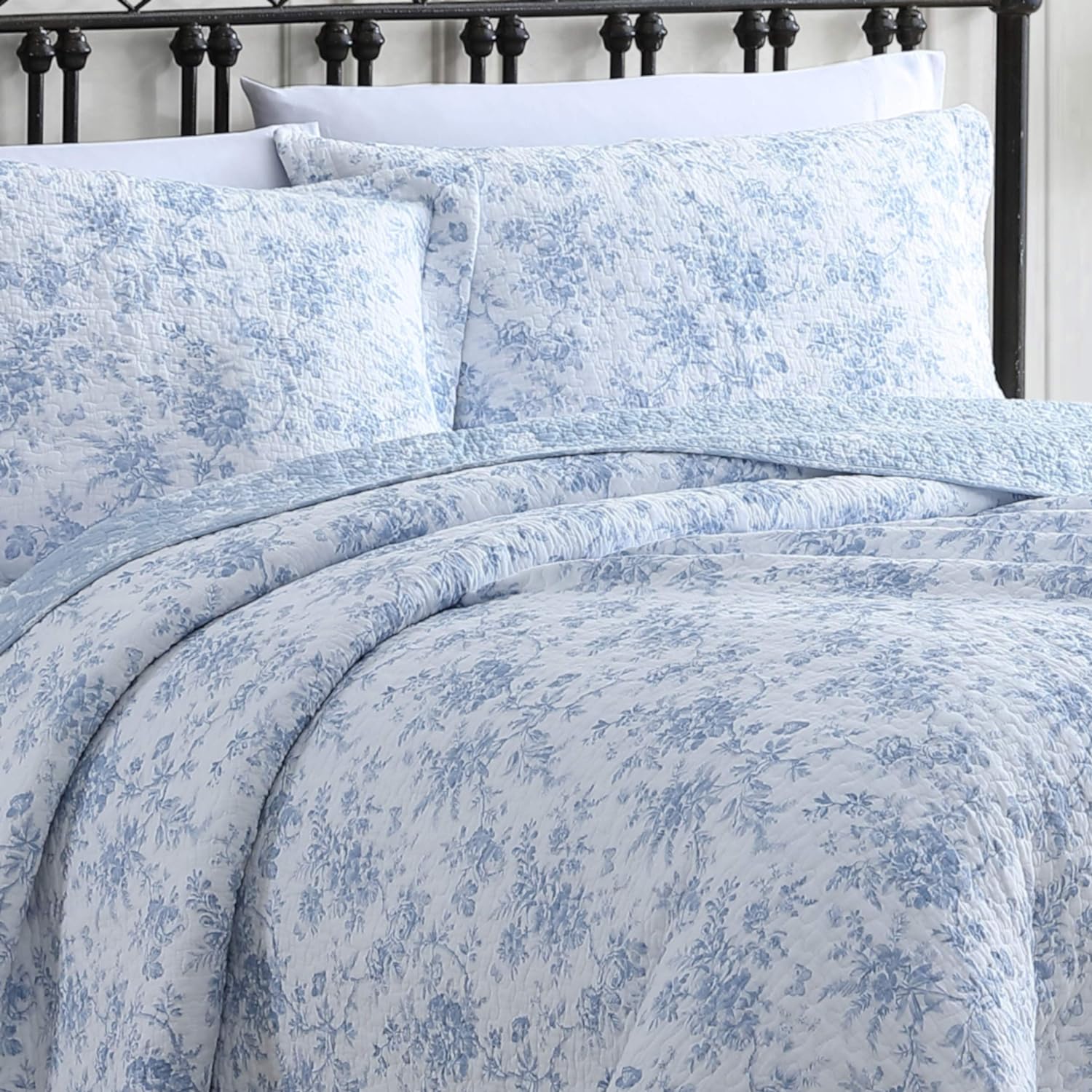 Laura Ashley - Queen Quilt Set, Soft Cotton Bedding with Matching Shams, Reversible Floral Toile Design, Floral Room Decor