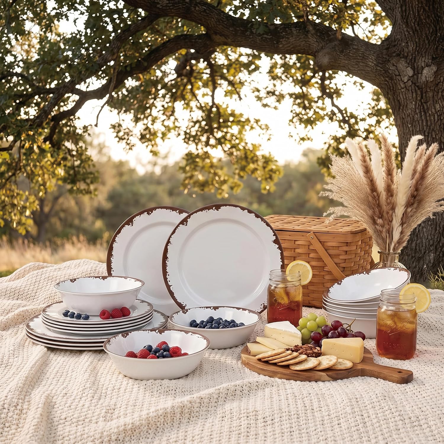 Rustic Melamine Dinnerware Set,12-Piece Plates and Bowls Sets,Yinshine Unbreakable Melamine Dish Set,Lightweight,Service for 4,Dishwasher Safe,Green