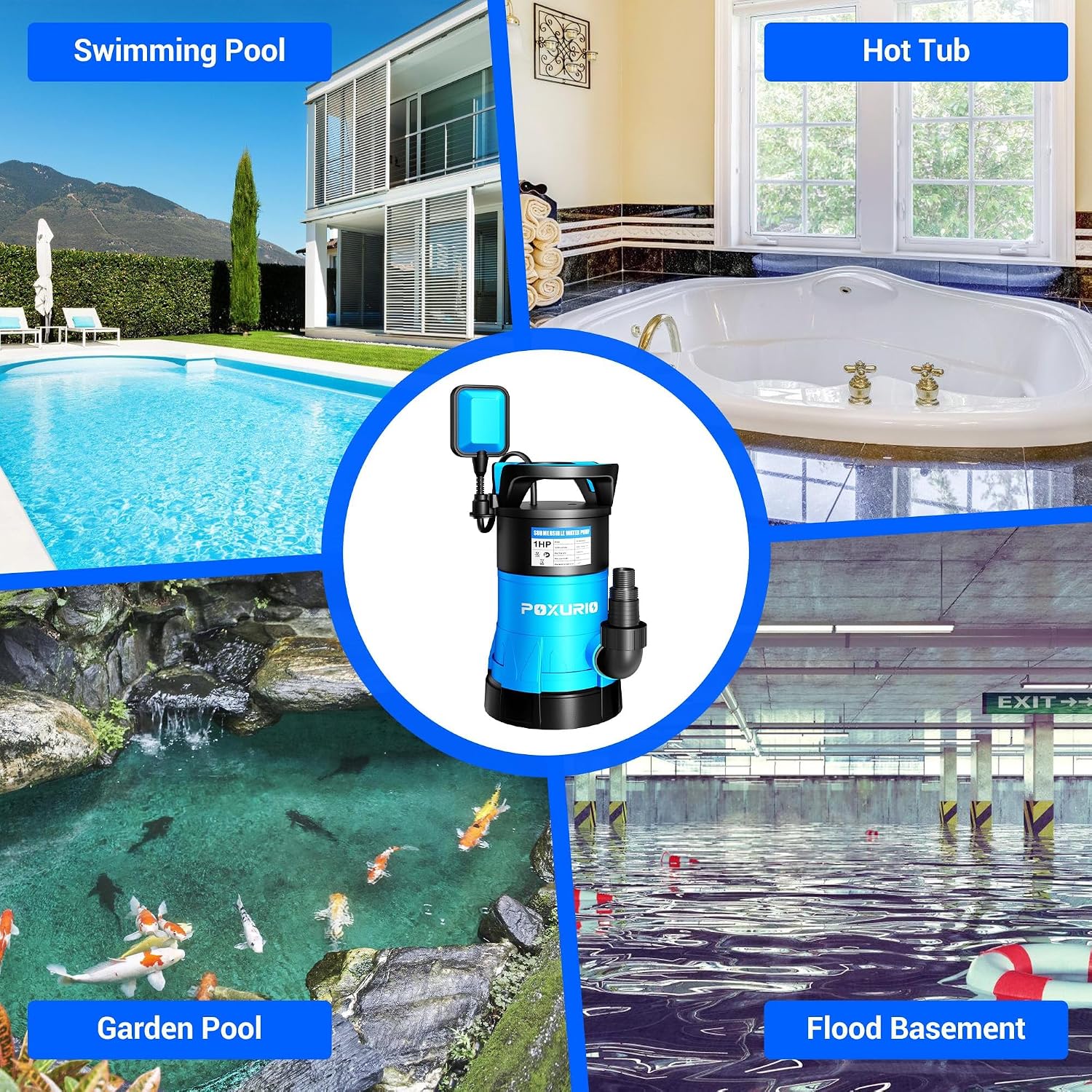 1HP Submersible Sump Pump, 5300GPH High Flow Dirty Clean Submersible Water Pump with Automatic Float Switch, 26FT Long Cord for Swimming Pool