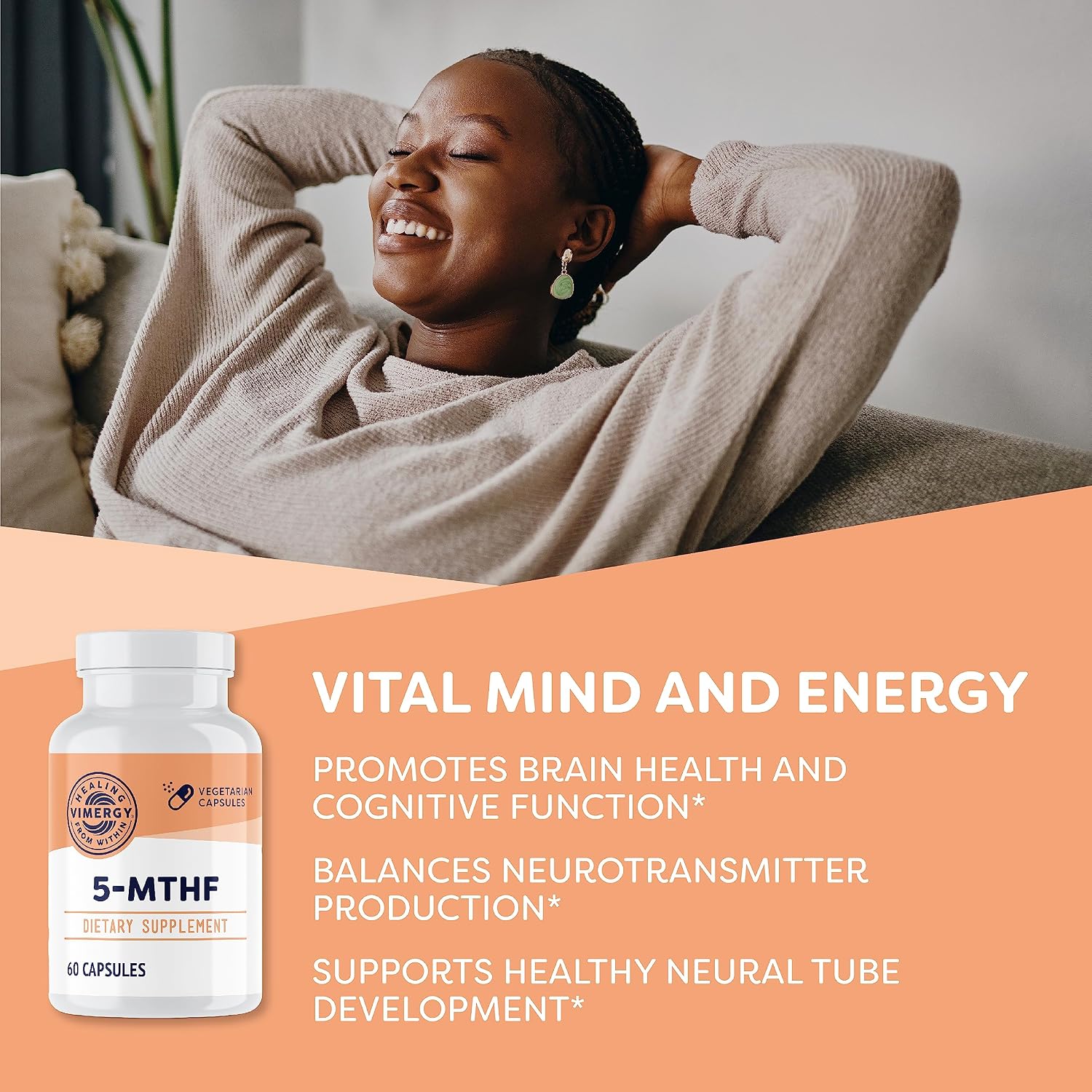Vimergy 5-MTHF Vegan Capsules for Brain Energy Supplement, 60 Servings