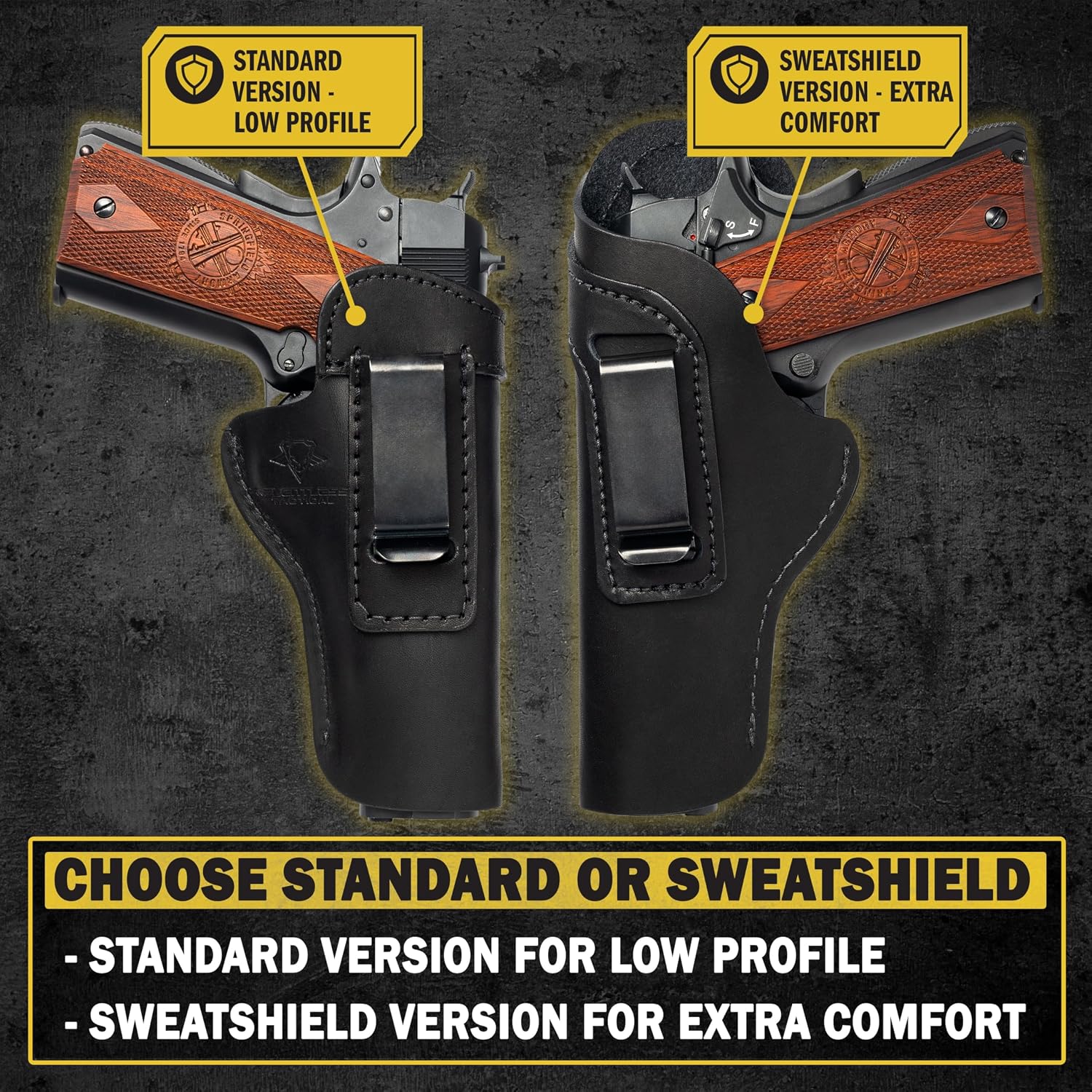 The Defender Leather IWB Holster for 1911 Style Handguns – Standard or Sweat Shield Versions – Made in USA – Fits Kimber, Colt, S&W, Sig Sauer, Ruger, Remington
