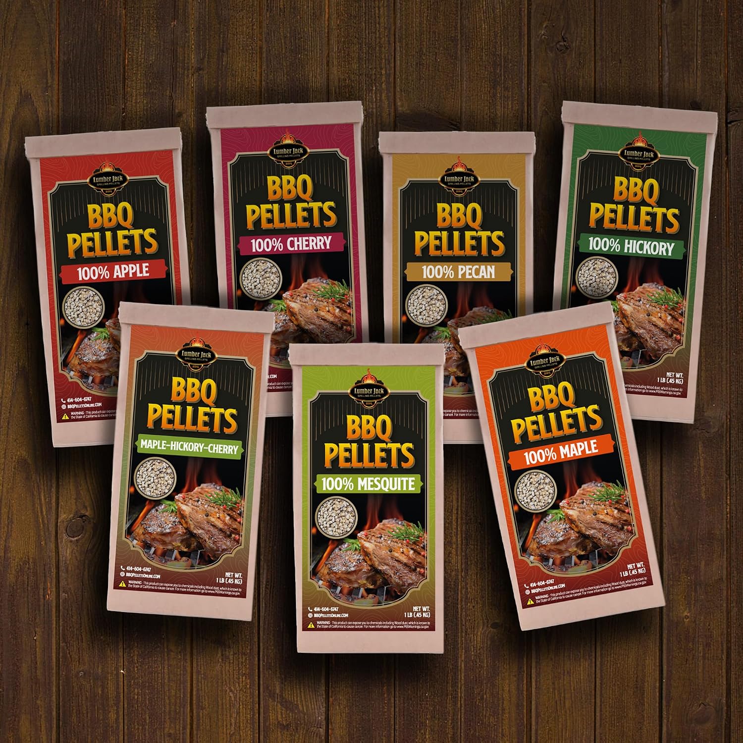 Lumber Jack BBQ Pellet 7 Varieties Pack - 1 Pound Bags - 100 Percent (Apple, Cherry, Pecan, Hickory, Maple-Hickory-Cherry