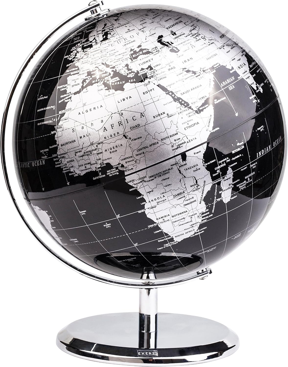 EXERZ 5.5 Inches Mini World Globe Black Rotating Desktop Globe | With Stainless Steel Base for Home Office School