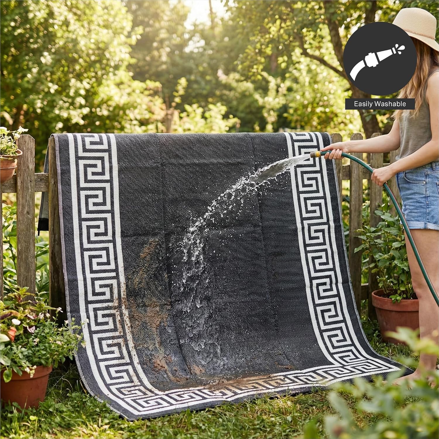 FH Home Outdoor Camping Rug - Waterproof, Fade Resistant, Reversible - Premium Recycled Plastic - Striped - Large Patio, Deck, Sunroom