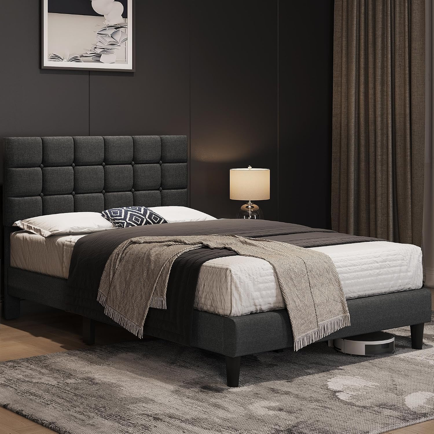 Yaheetech Full Size Upholstered Tufted Bed Frame with Headboard, Dark Gray | Sturdy engineered wood frame with linen fabric upholstery features a soft tufted headboard for easy assembly and support