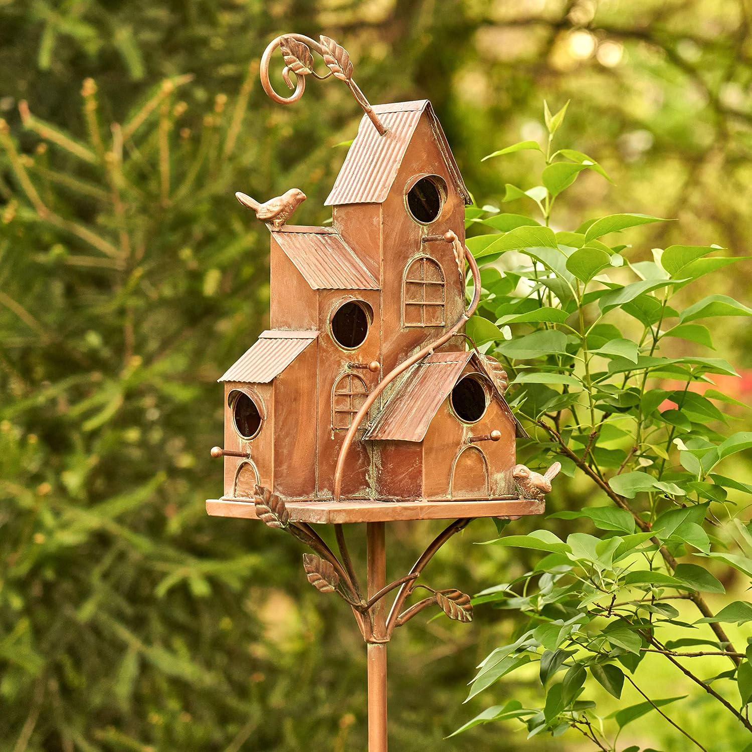 Large Copper Colored Multi-Birdhouse Stakes, Room for 4 Bird Families in Each (Cube Homes with Pyramid Roofs)