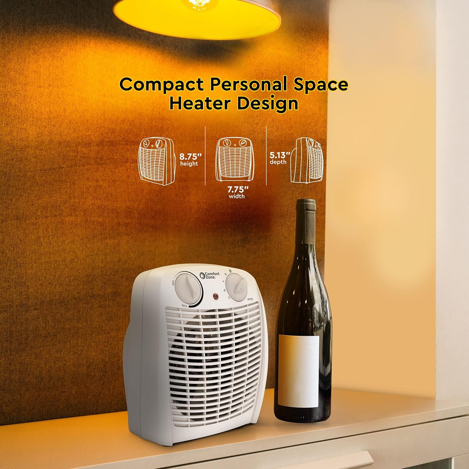 Comfort Zone Indoor Space Heater with Adjustable Thermostat, Fan Forced, Electric, Overheat Protection, Safety Tip-Over Switch, Energy Efficient