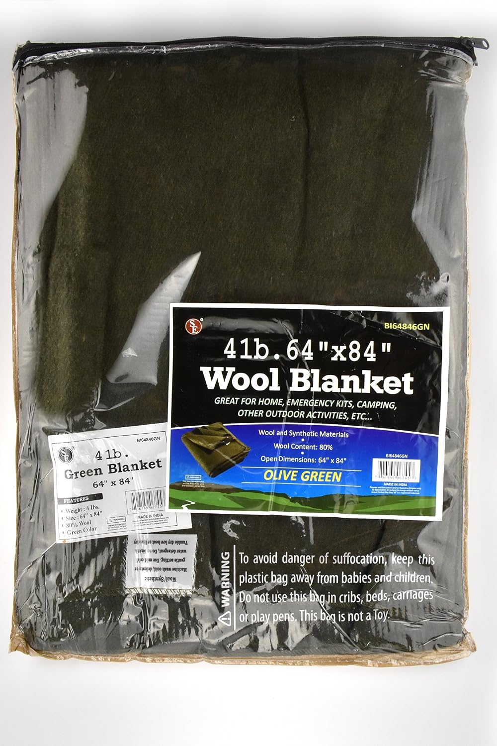 SE 51"x 80" Multipurpose Gray Wool Blanket - 50% Wool, Lightweight 2 lb, Zippered Bag Included - Ideal for Camping, Hiking, Emergency Survival