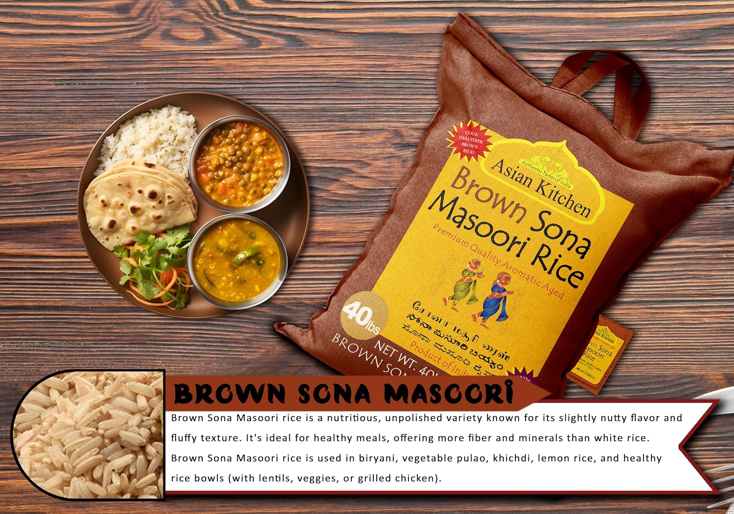 Asian Kitchen White Sona Masoori Aged Rice 20-Pound Bag, 20lbs (9.08kg) Short Grain Rice ~ All Natural | Gluten Friendly | Vegan | Kosher | Indian Origin | Export Quality