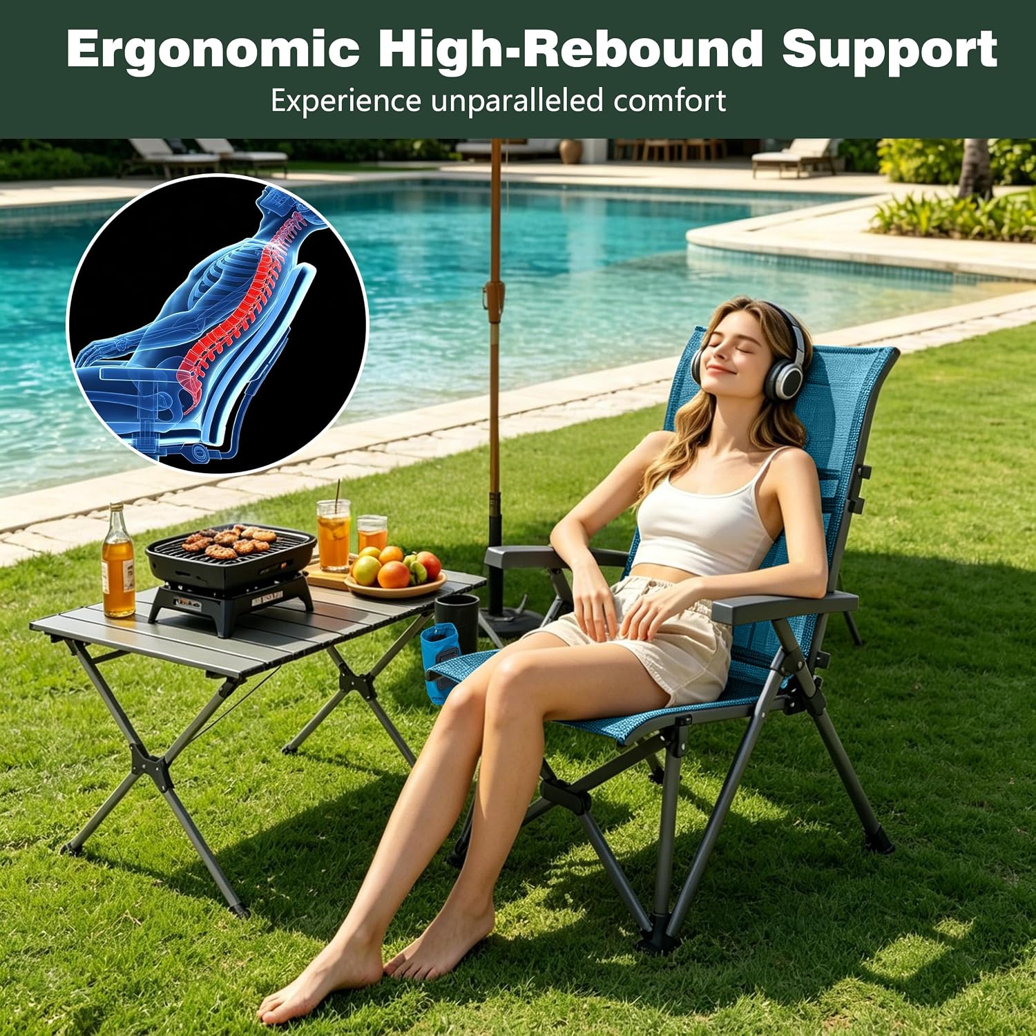 SUNNYFEEL High Back Folding Camping Chair 500 lbs with Aluminum Frame, Grey | Ergonomic Back Support, High-Resilience Fabric & Uv-Rated, Detachable Cup Holder and Carry Bag for Camping, Beach, RV, Patio