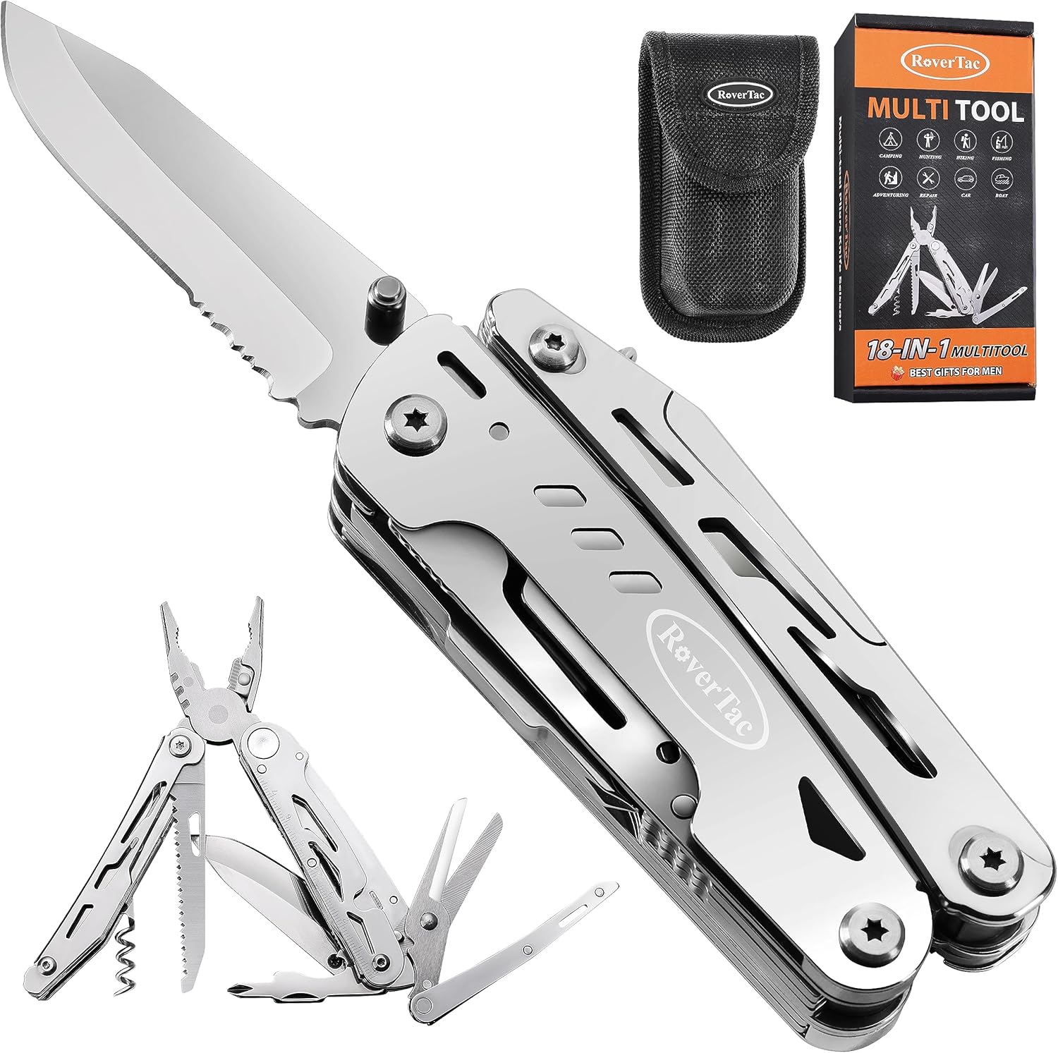 RoverTac 18-in-1 Multitool Pocket Knife with Pliers, Saw, Corkscrew & Detachable Scissors, Multi Tool with Safety Lock, 9 Screwdriver Bits