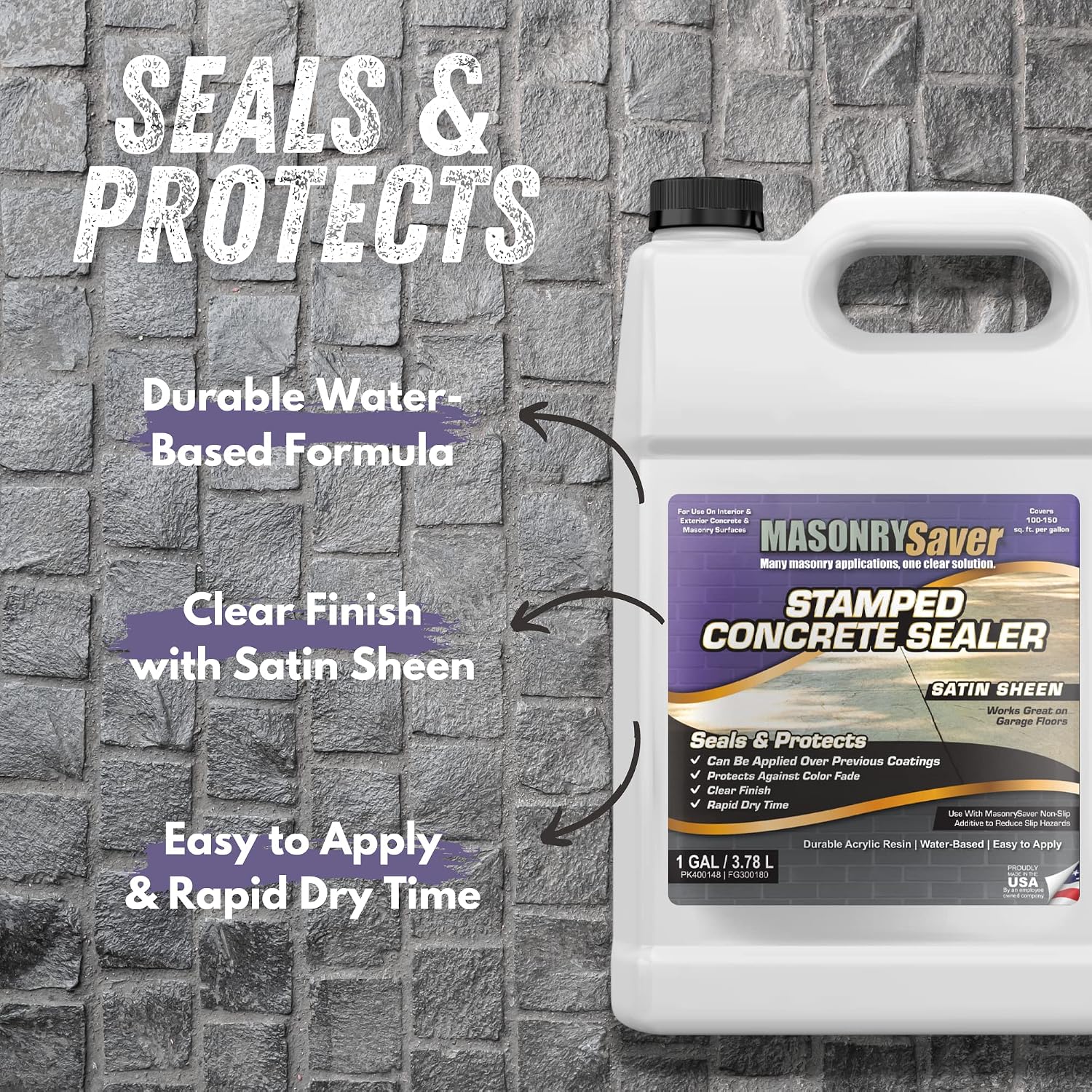 Stamped Concrete Sealer, 1 Gallon - Clear, Water-Based Satin Sealer for Stamped Concrete, Masonry & Natural Stone Surfaces