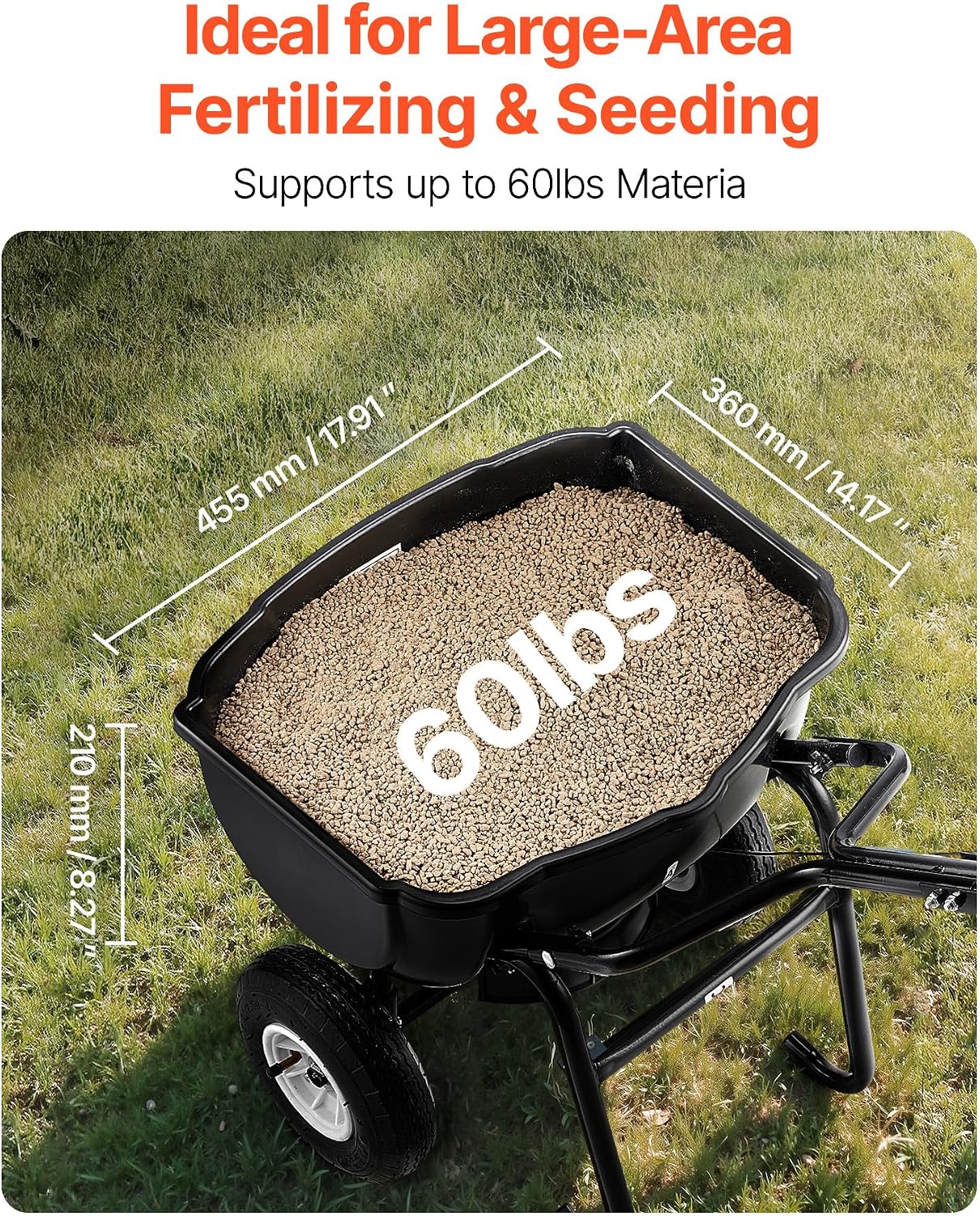 VEVOR Walk Behind Spreader, 60LBS Capacity, Push Spreader with 0-9.8 ft Spreading Width, 8 in All Terrain Pneumatic Tires