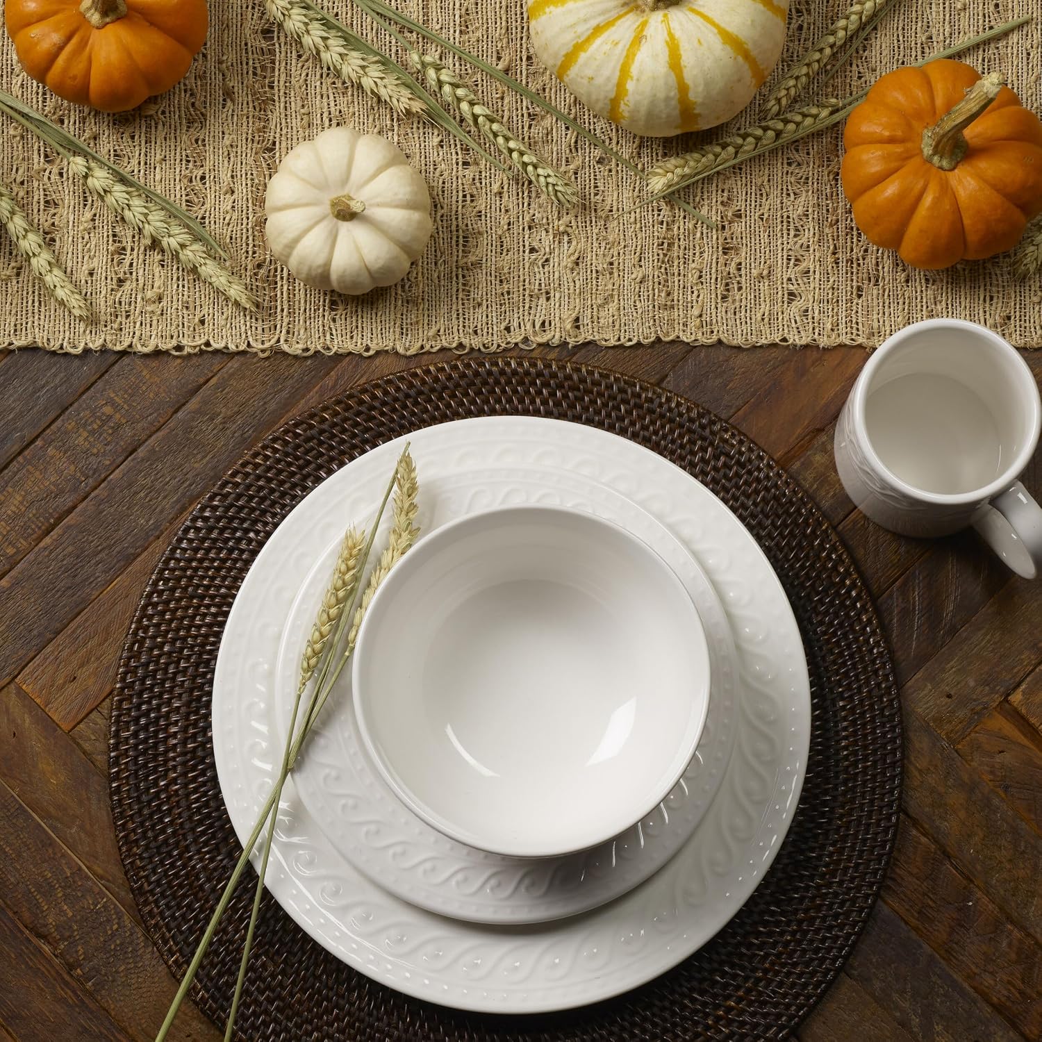 Pfaltzgraff Sylvia Dinnerware Set 32-Piece Service for 8 - White Porcelain Dinner Plates, Salad Plates, Soup Bowls and Mugs with Embossed Scrollwork