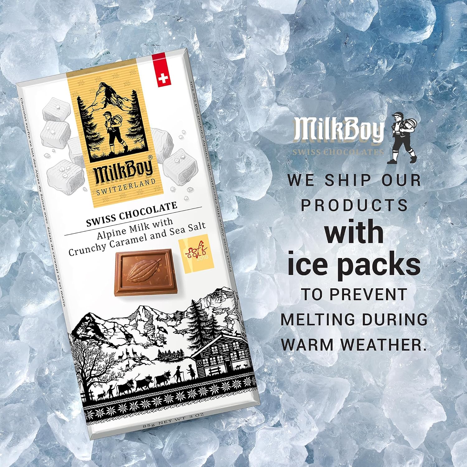 MilkBoy Swiss Chocolates Milk Chocolate Bars, Caramel Salt - 3 oz, 5 Pack | Premium gourmet treat with crunchy caramel and sea salt. Gluten free. Non-GMO. Kosher. Crafted in Switzerland.