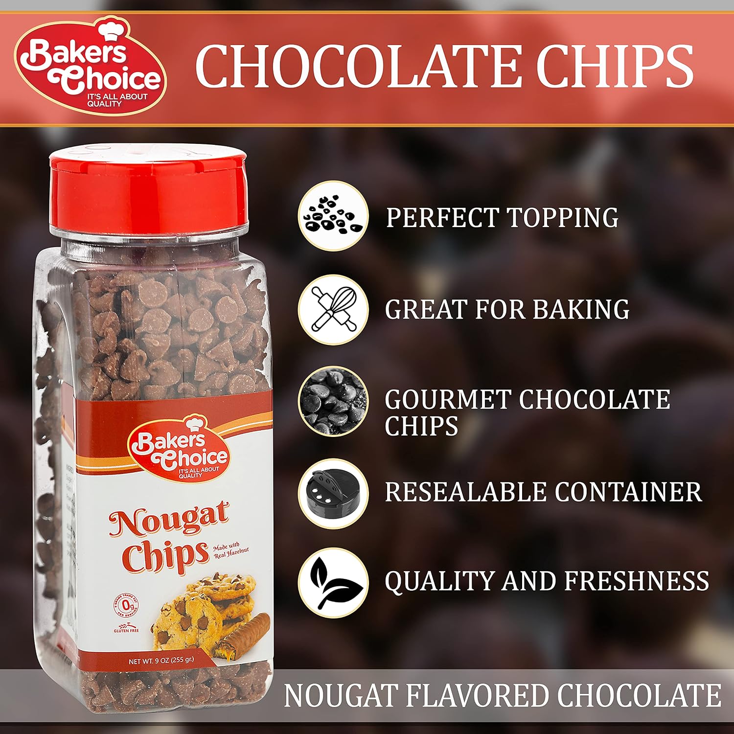 Nougat Flavored Chocolate Chips Non Dairy, Kosher 9 Ounce. Baker’s Choice