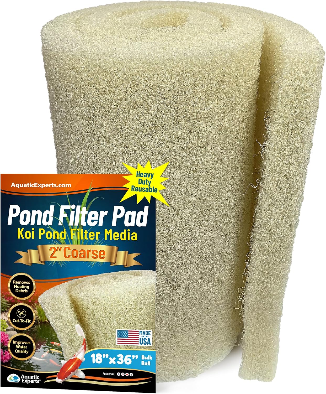 Aquatic Experts Cream COARSE Pond Filter Pad - 2 inch Thick - Bulk Roll Water Garden Filter Pond Media - Made in USA, (12" x 36")