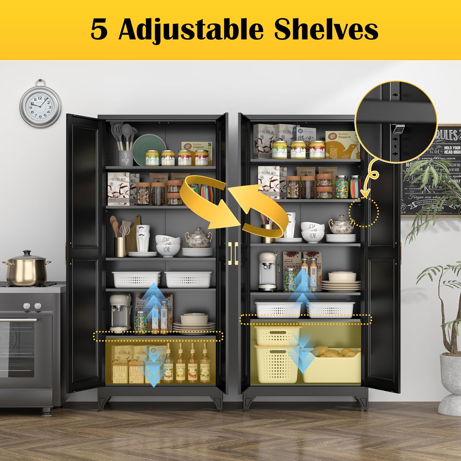 Steeloong 71"Metal Pantry Storage Cabinet with Doors & 4 Adjustable Shelves | Kitchen Pantry Cabinet,White Kitchen Cabinet with 2 Gold Handles,Tall Cabinet for Livingroom,Pantry, Bathroom,Kitchen