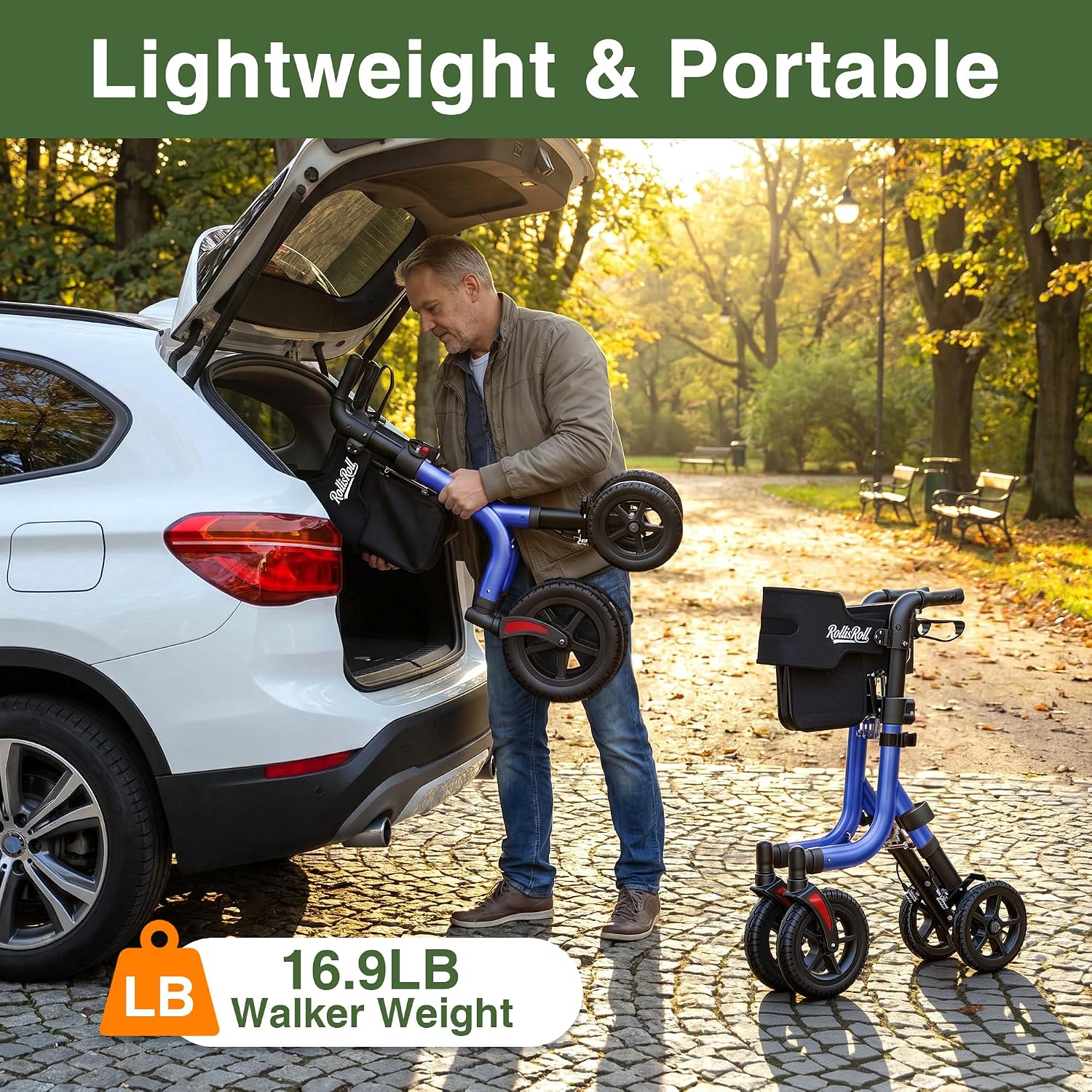 Walkers for Seniors, Rollator Walker with Seat, 10" Big Rubber Wheels All Terrain Rolling Walker, Lightweight Foldable Rollator Walker, Built-in Cable, Reinforced Aluminum Frame, Orange