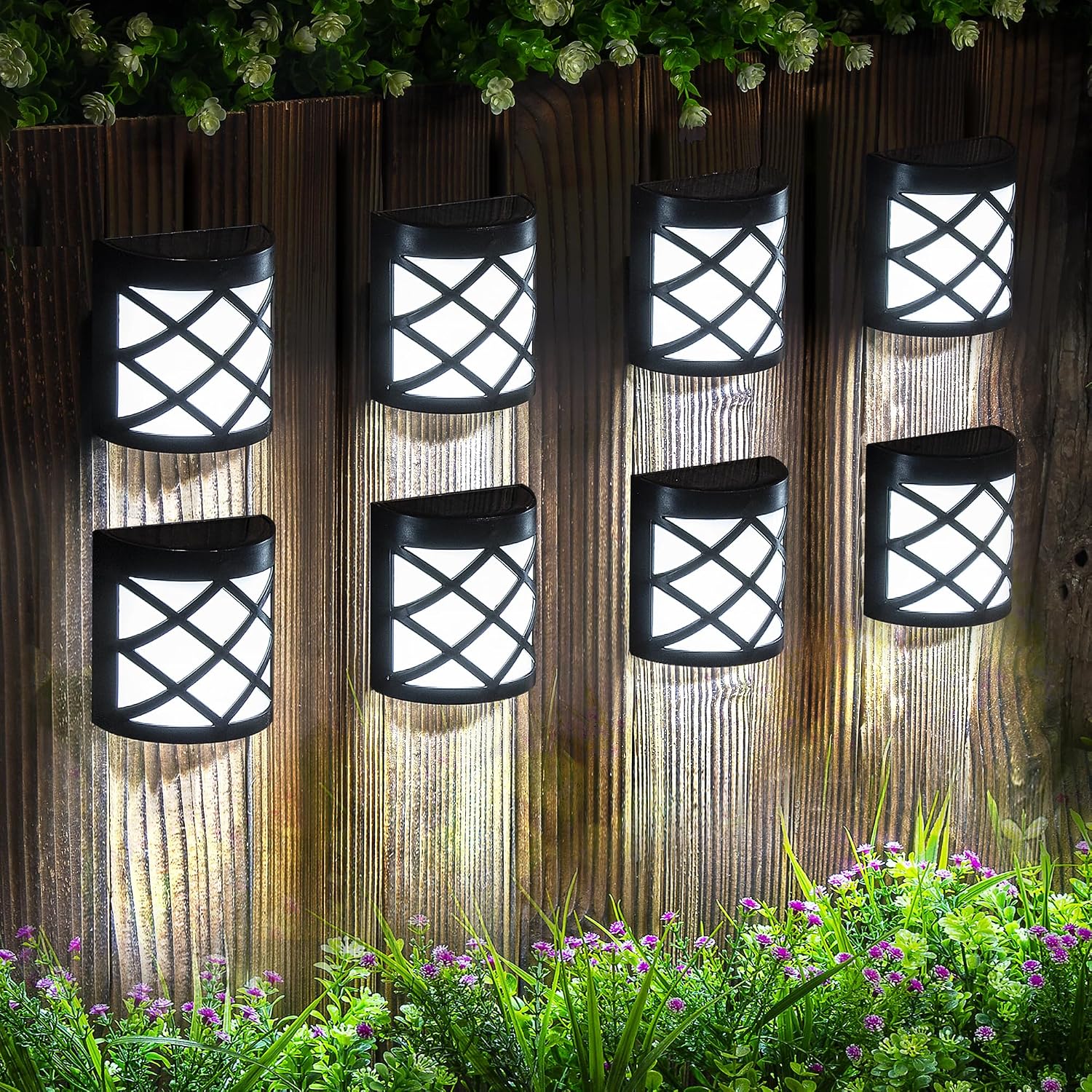GIGALUMI 8 Pack Solar Fence Light Cold White Porch Solar Powered Decor Outdoor Waterproof Wall Fence Lights for Garden, Yard, Patio, Front Door