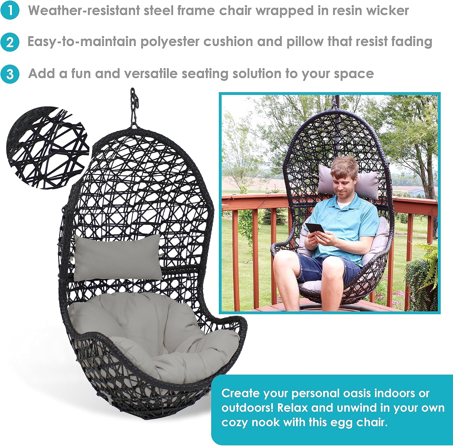 Sunnydaze Cordelia Egg Chair with Cushions -Resin Wicker Hanging Chair with 265-Pound Weight Capacity - Hanging Swing Includes Gray Polyester