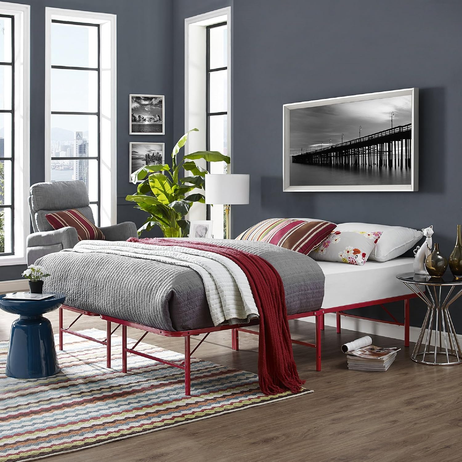 Modway Horizon Queen Bed Frame In Gray - Replaces Box Spring - Folding Metal Mattress Bed Frame