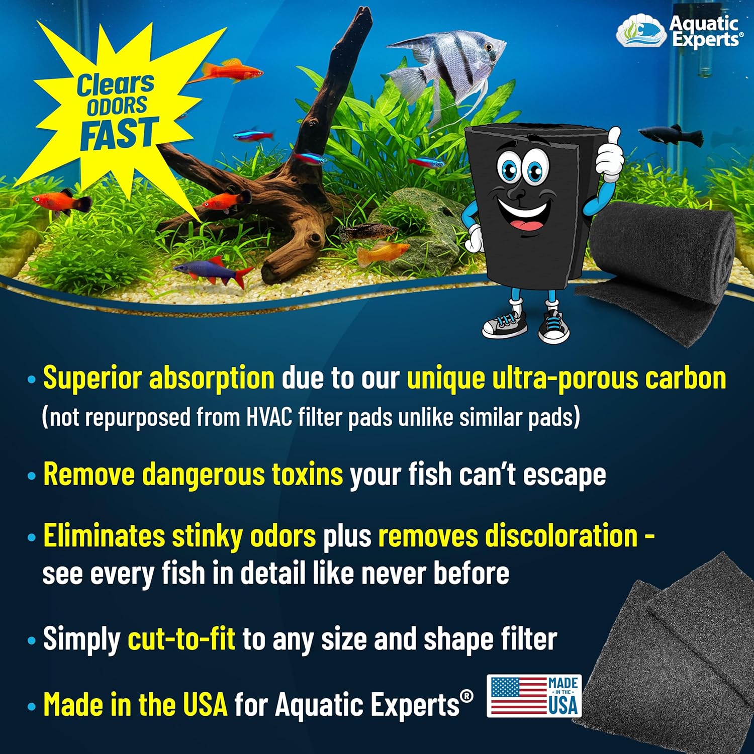 Aquarium Carbon Pad – Cut‑to‑Fit Carbon Infused Filter Pad Media for Crystal Clear Fish Tanks and Ponds, 3/8"–1/2" Thick (10.5 Inch Width