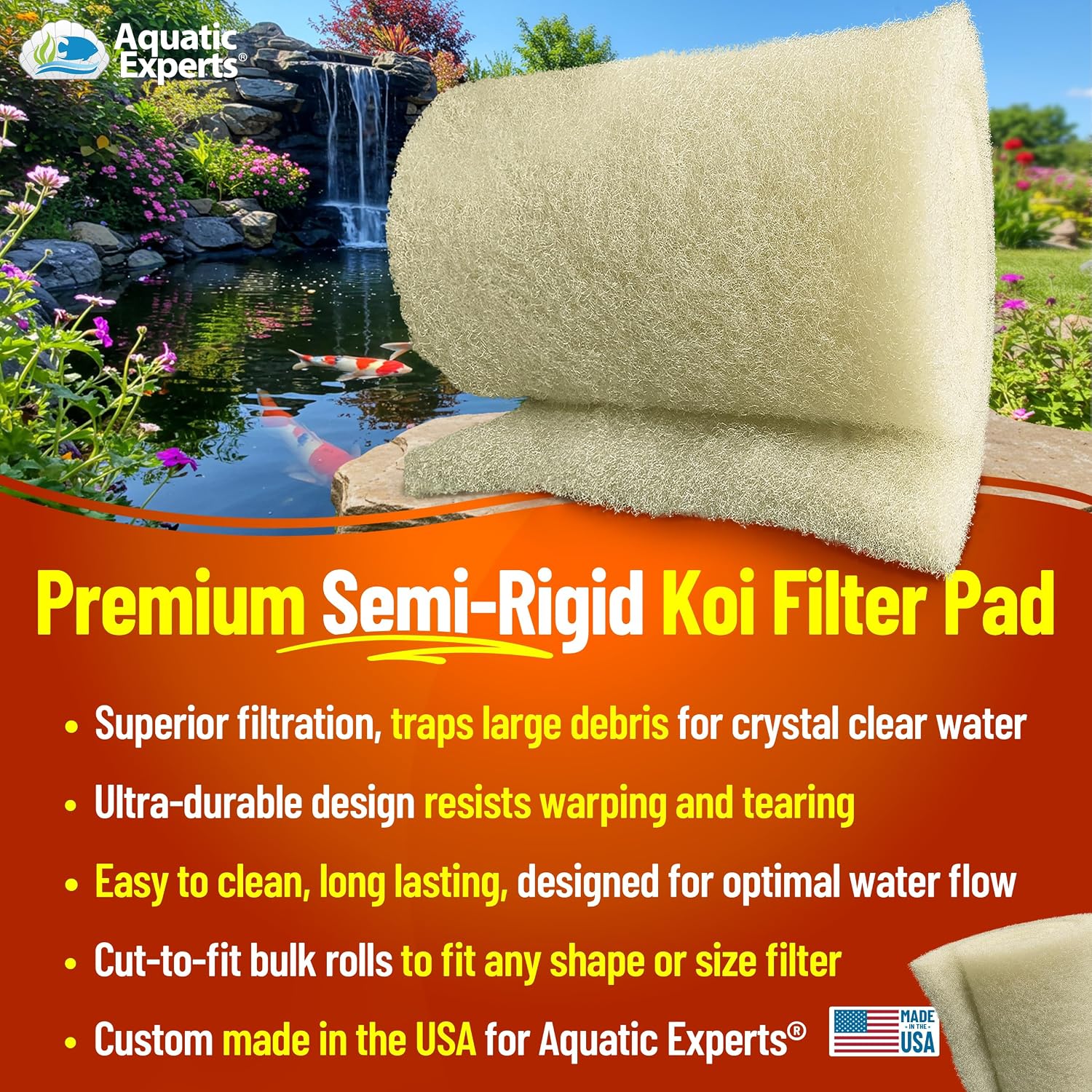 Aquatic Experts Cream COARSE Pond Filter Pad - 2 inch Thick - Bulk Roll Water Garden Filter Pond Media - Made in USA, (12" x 36")