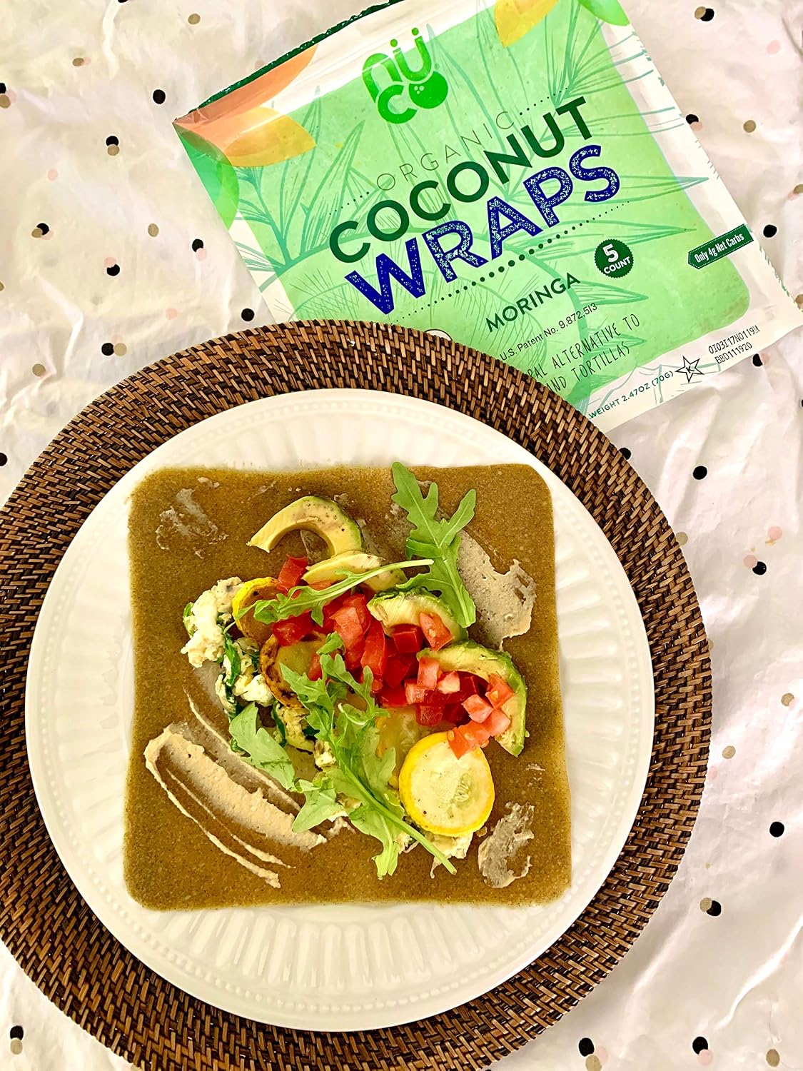 NUCO Organic Coconut Wraps, Moringa - Gluten Free, Low Carb, Vegan, 5 Ct | Paleo, Non-GMO, Dairy-free, Kosher, No Salt Added, Yeast-free