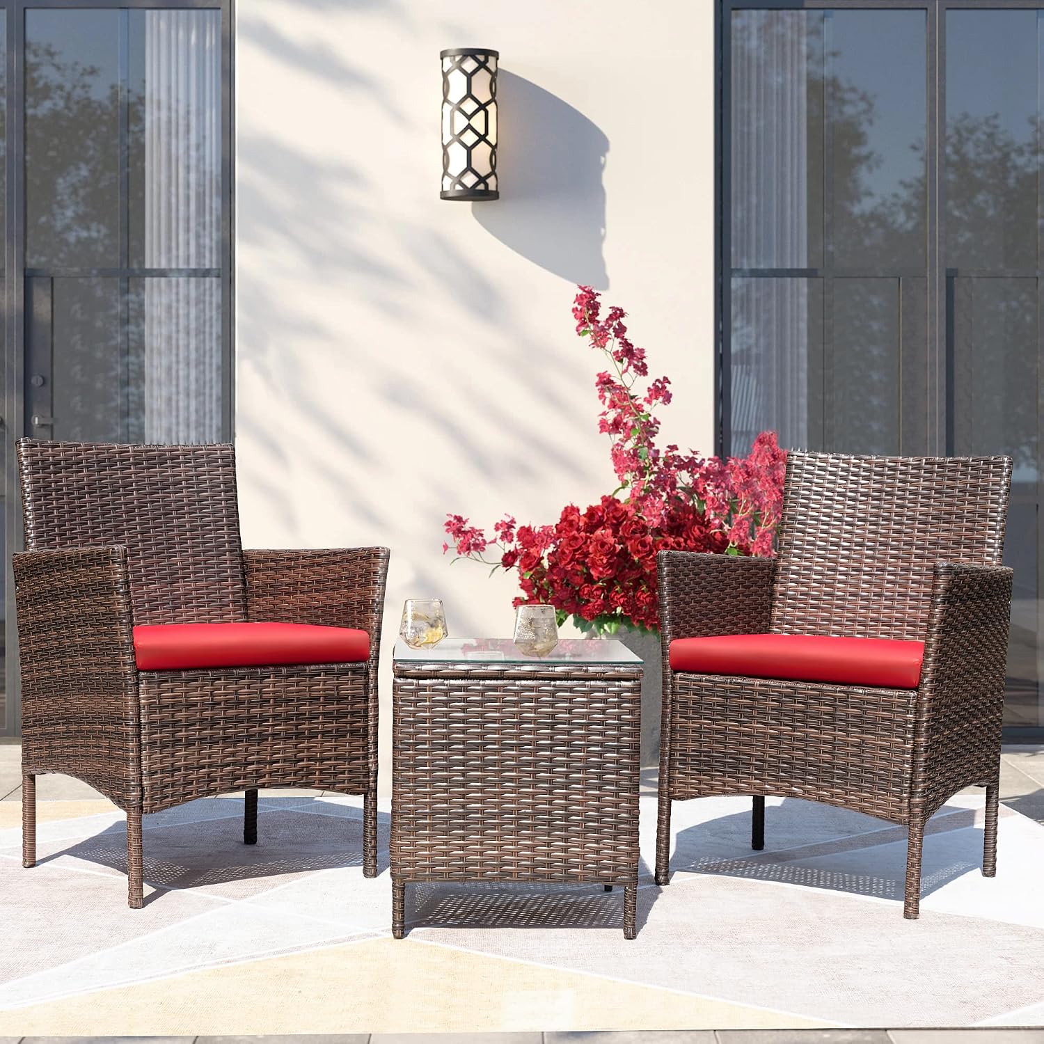 Greesum 3 Pieces Patio Furniture Sets Outdoor PE Wicker Chairs,Beige