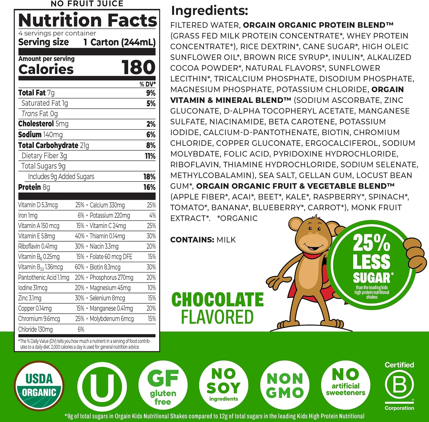 Orgain Organic Kids Dairy 8g Protein Shake, Chocolate, 8.25 oz, 4pk | Nutritional drink, grass-fed protein, 22 vitamins & minerals, 3g fiber, non-GMO, no soy, healthy snack for picky eaters
