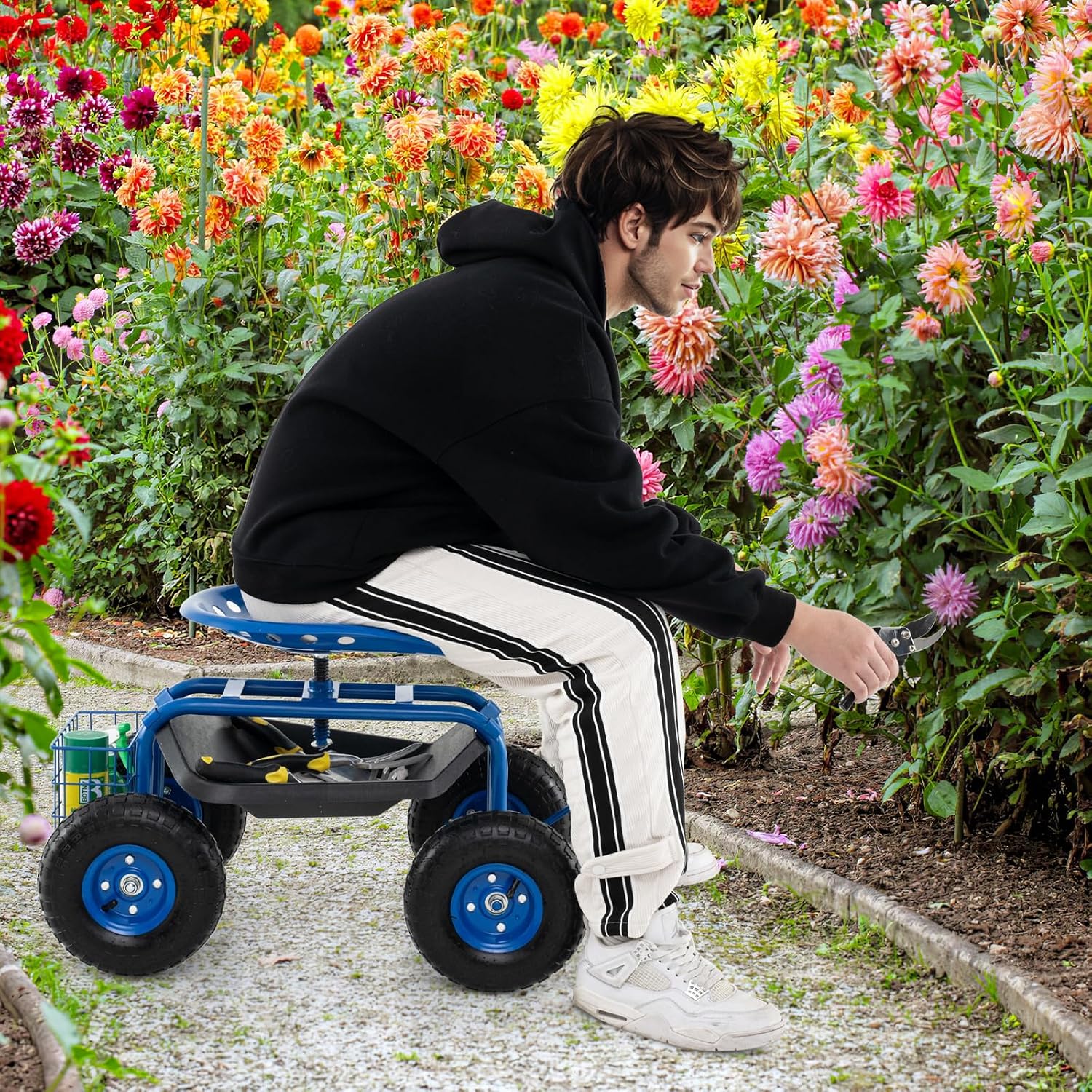 Goplus Rolling Garden Cart with Seat, Outdoor Garden Stool with Wheels, Tool Tray & Basket, Adjustable Steering Handle