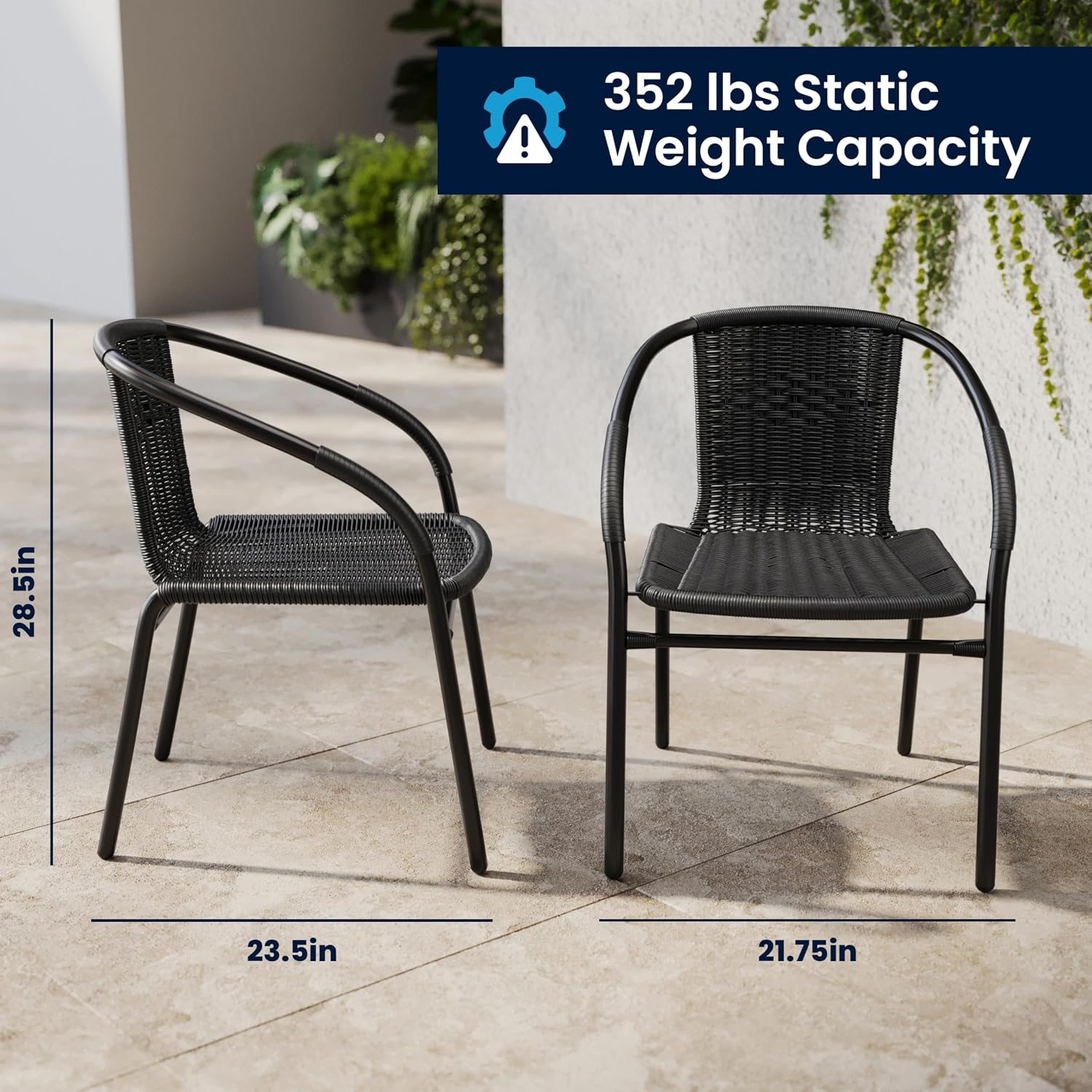 Flash Furniture Lila 23.5'' Square Glass Metal Table with 2 Black Rattan Stack Chairs | Durable Construction, Commercial Use