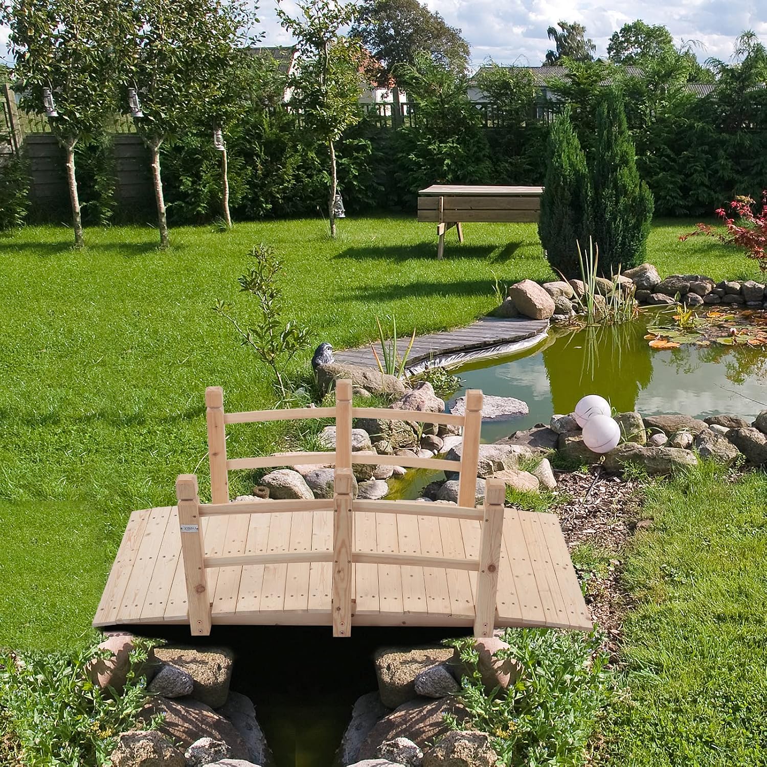VINGLI 5 ft Garden Bridge, Classic Wooden Arch with Safety Rails Stained Finished Footbridge, Decorative Pond Landscaping, Backyard, Creek or Farm