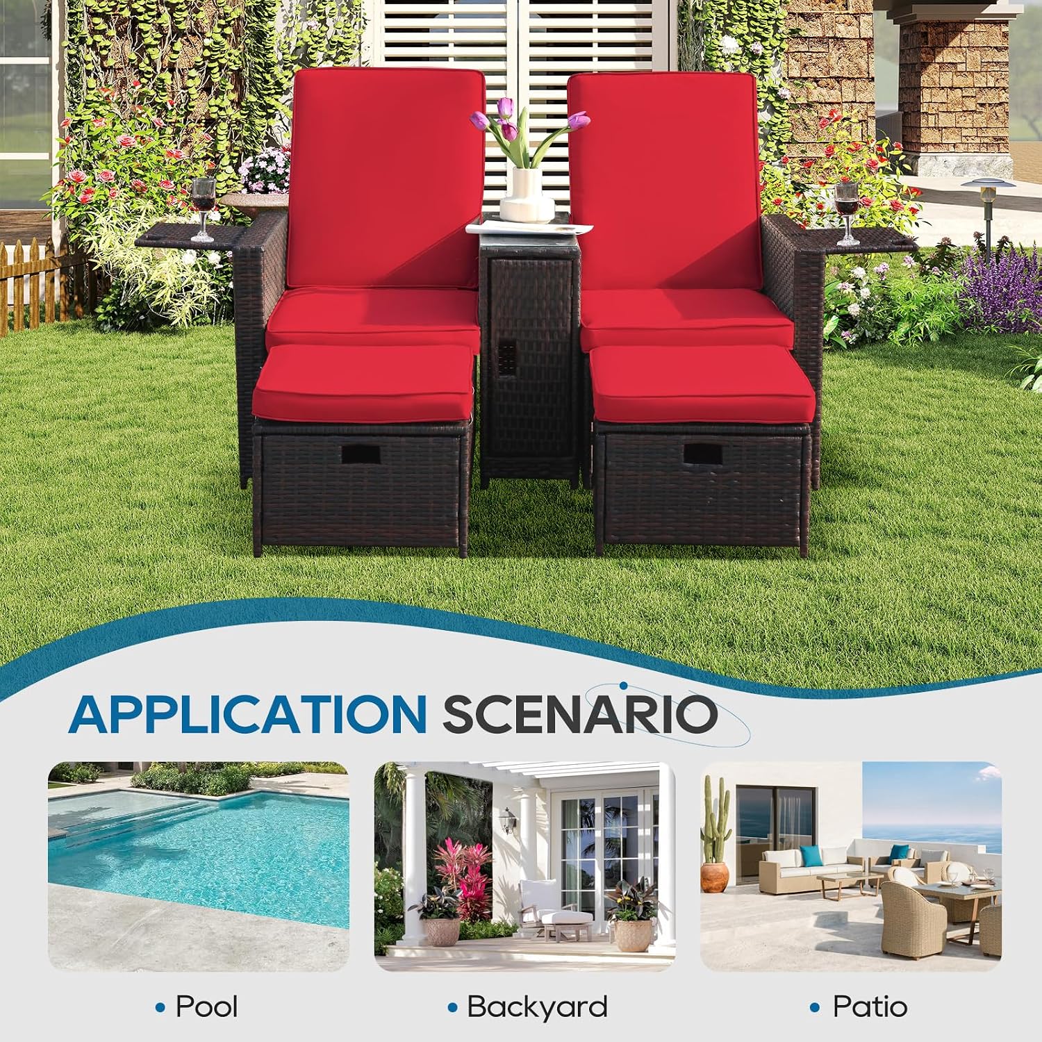 5PCS Outdoor Wicker Chaise Lounge Chair - Rattan Adjustable Reclining Patio Lounge Chair with Ottoman and Coffee Table