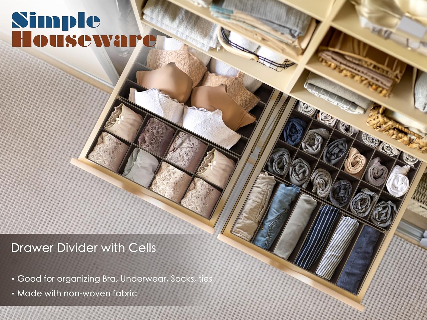 Simple Houseware 4-Pack Drawer Organizer Set for Underwear/Socks/Bra, Gray | Closet Dividers for Underwear, Socks, Bras, Scarves, Ties - Foldable Non-Woven Storage Boxes