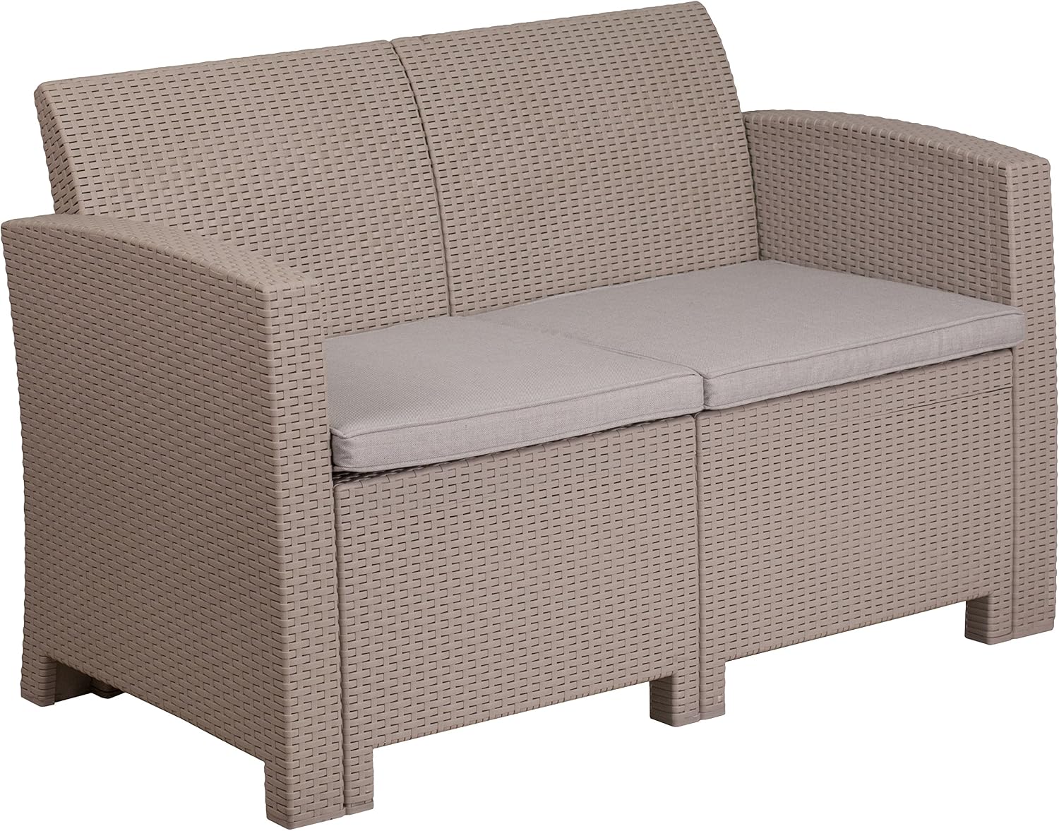 EMMA + OLIVER Light Gray Faux Rattan Loveseat with Light Gray Cushions